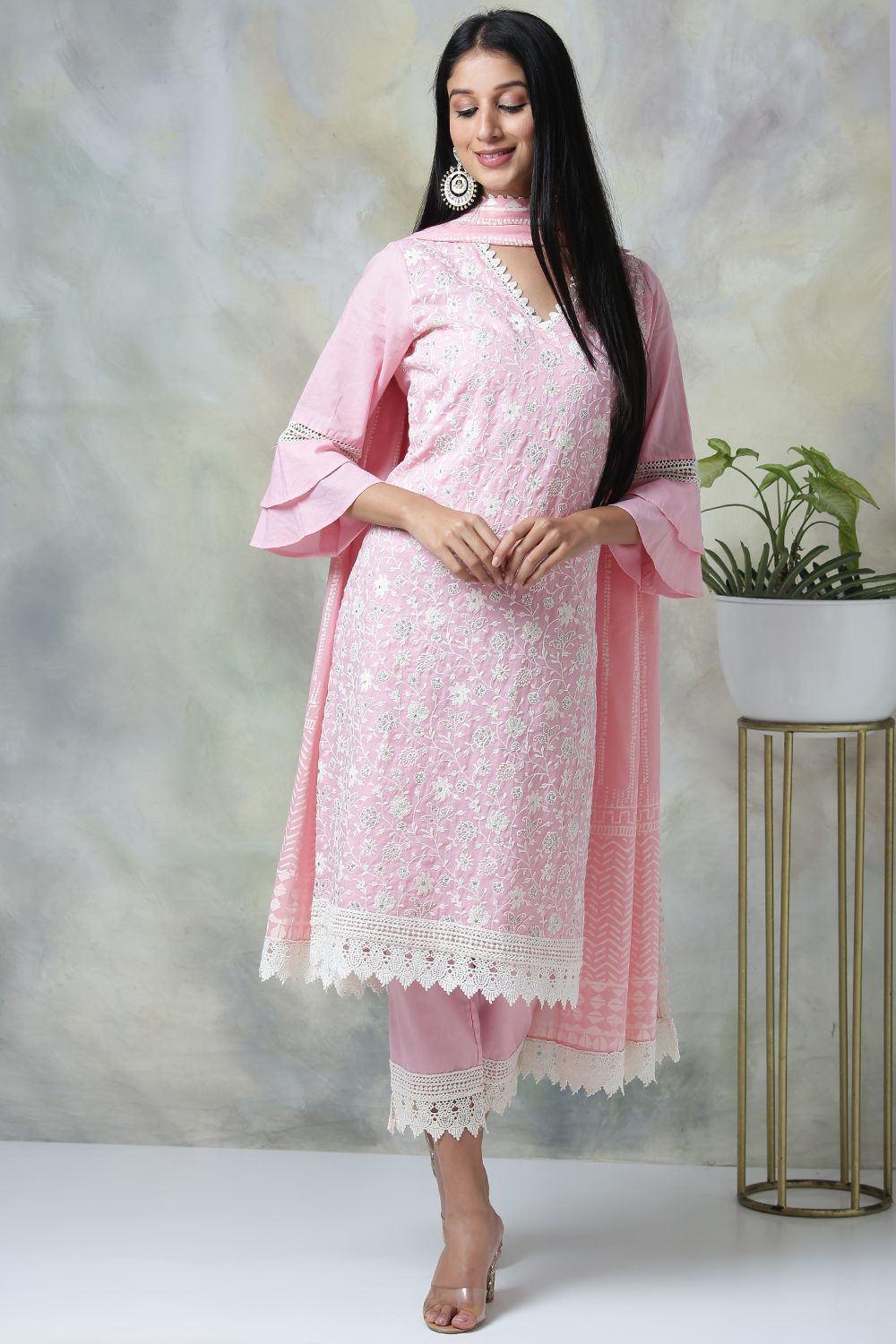 Light Pink Cotton Straight Kurta Slim Pant Suit Set image number 0