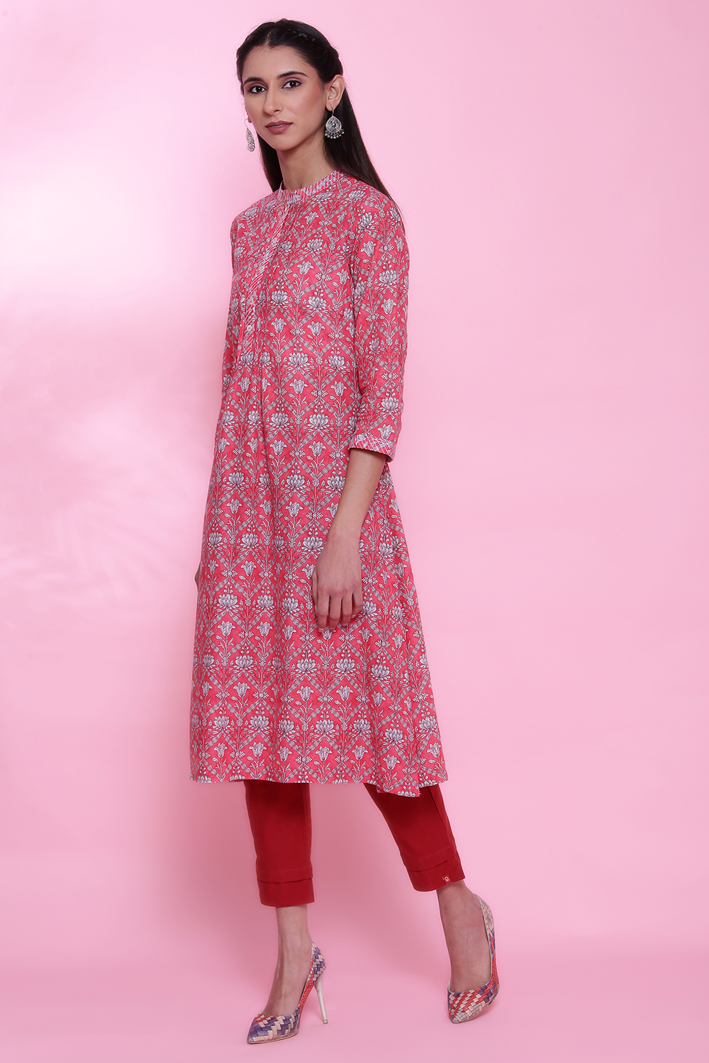 Pink Cotton A-Line Printed Kurta image number 2