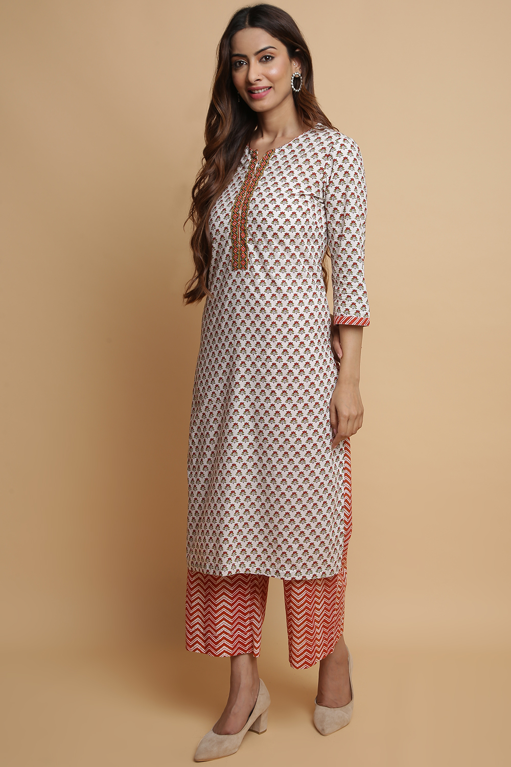 Red Cotton Straight Kurta Palazzo Suit Set image number 4