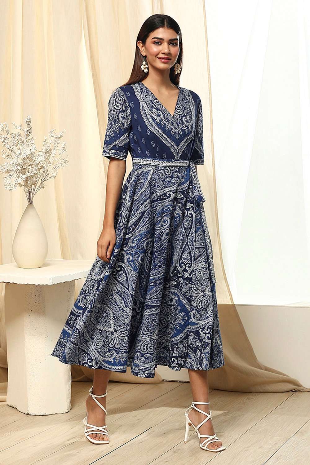 Indigo Cotton Printed Flared Wrap Dress image number 4