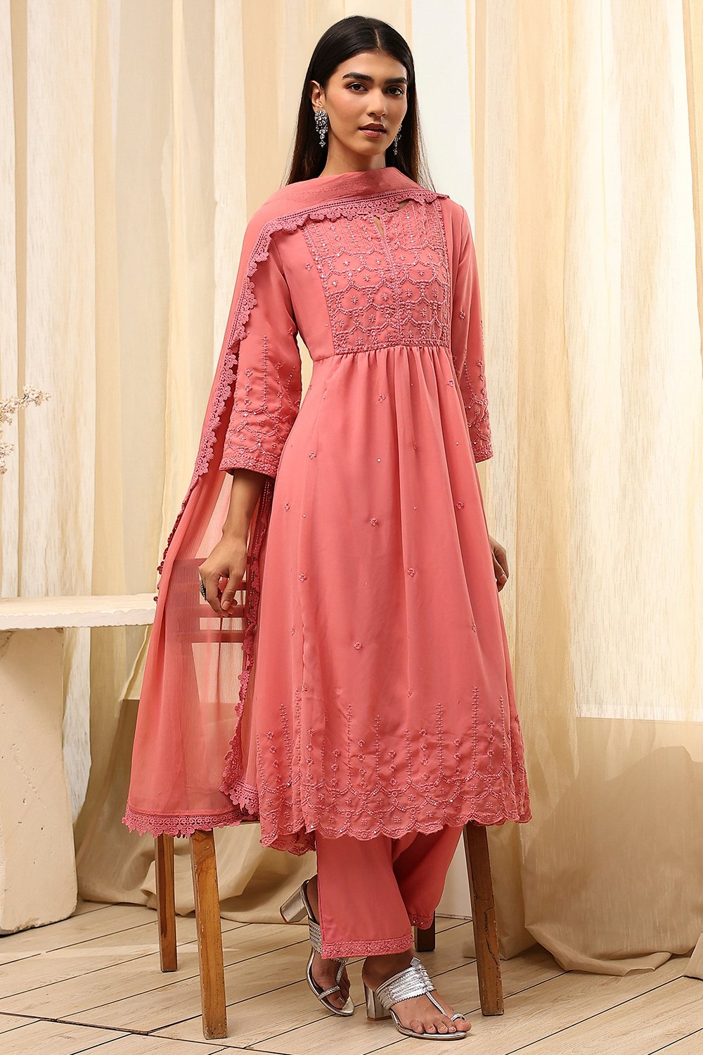 Pink Embroidered Flared Suit Set image number 0