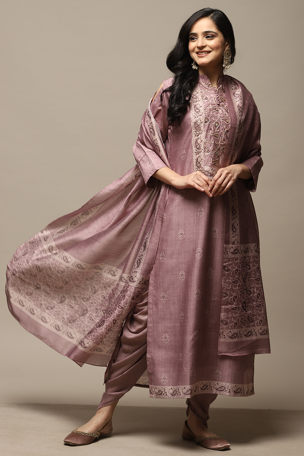 Pink Chanderi Machine Embroidered Unstitched Suit Set image number 1