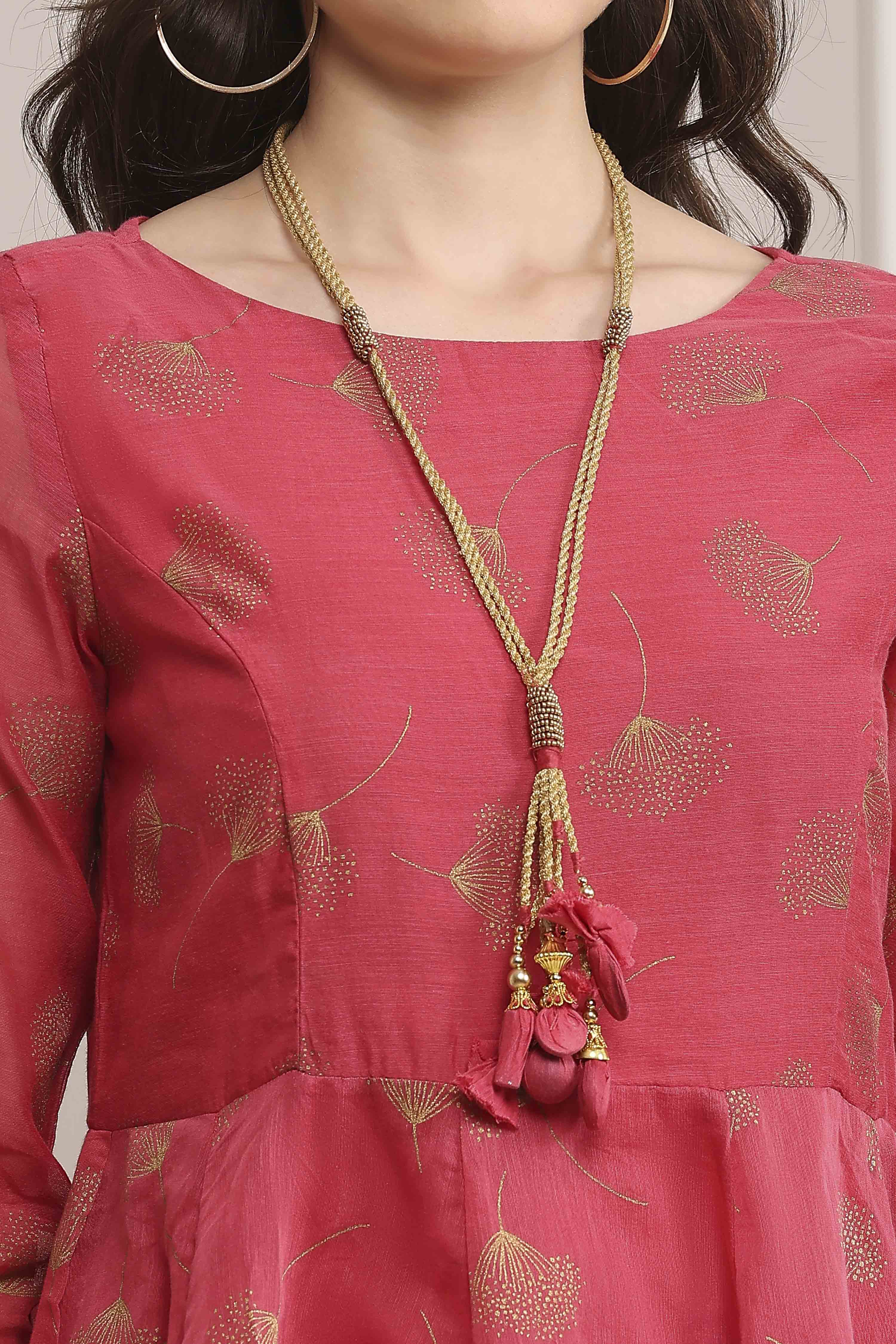 Pink Cotton Blend Flared Printed Dress image number 1