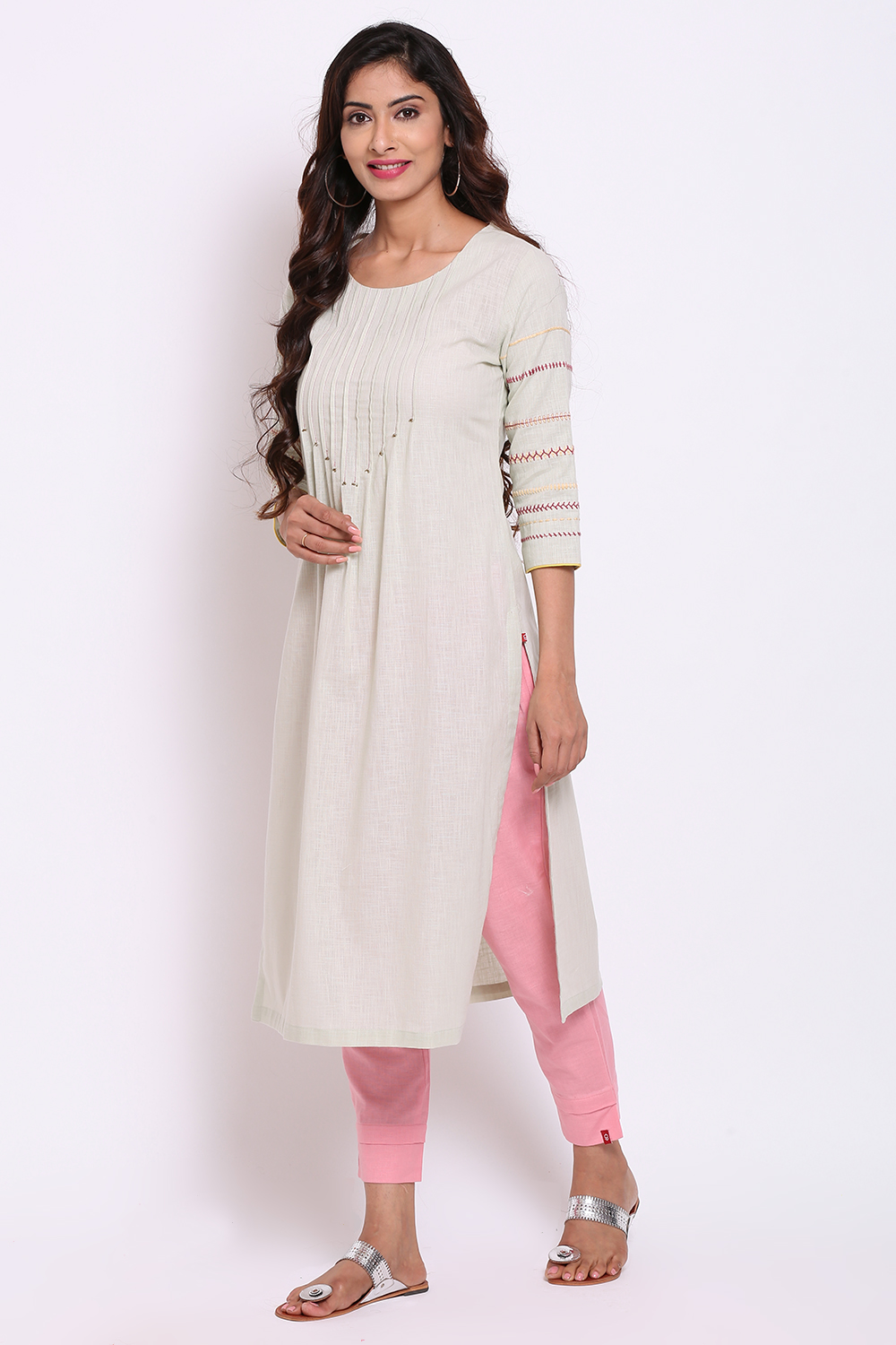 Mint Green Cotton Flax Kurta image number 3