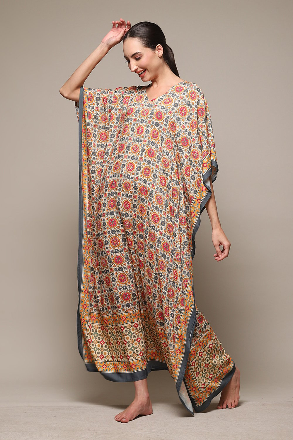 Beige Rayon Printed Kaftan image number 2