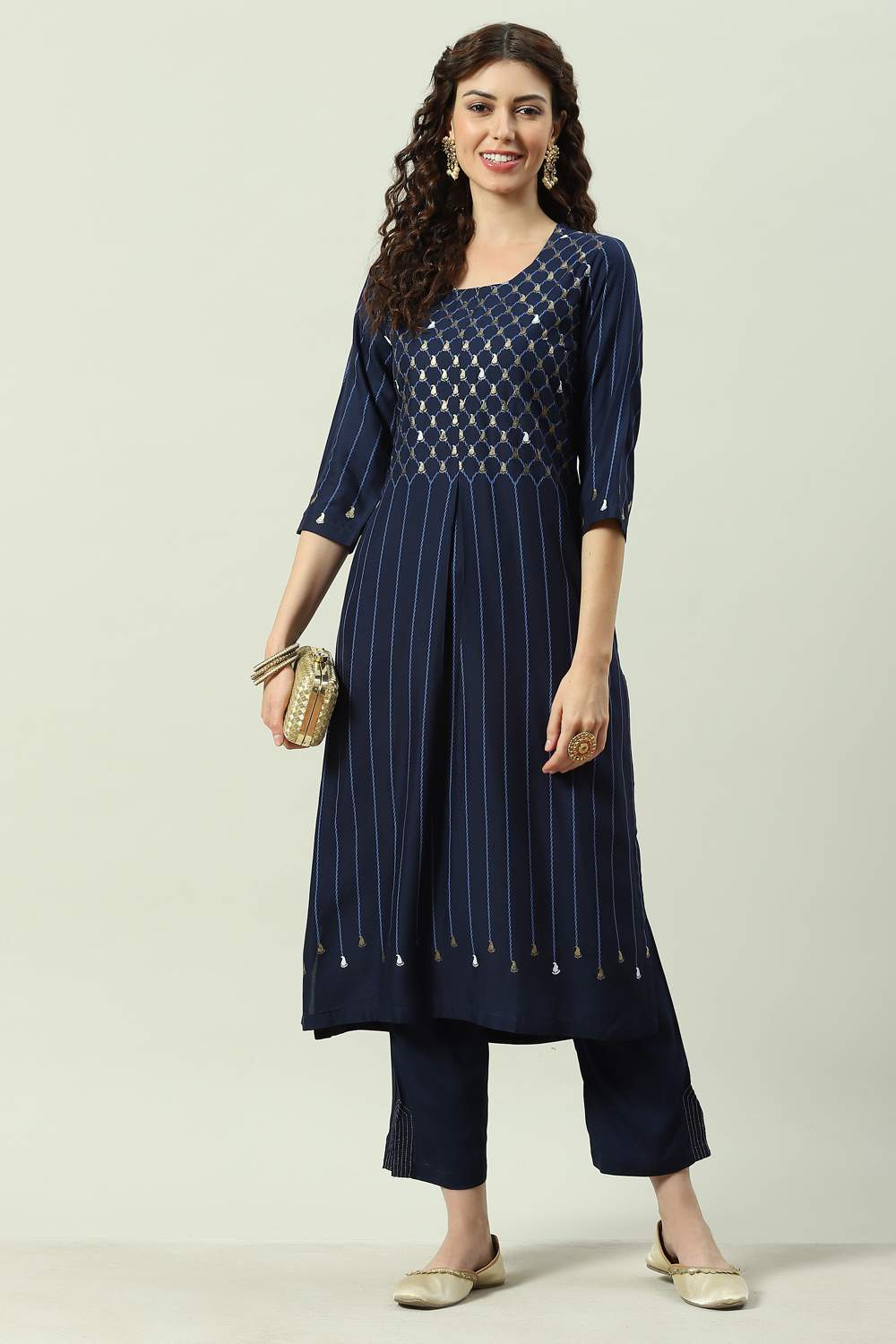 Navy Printed Rayon Straight Kurta Regular Pants Suit Set image number 6