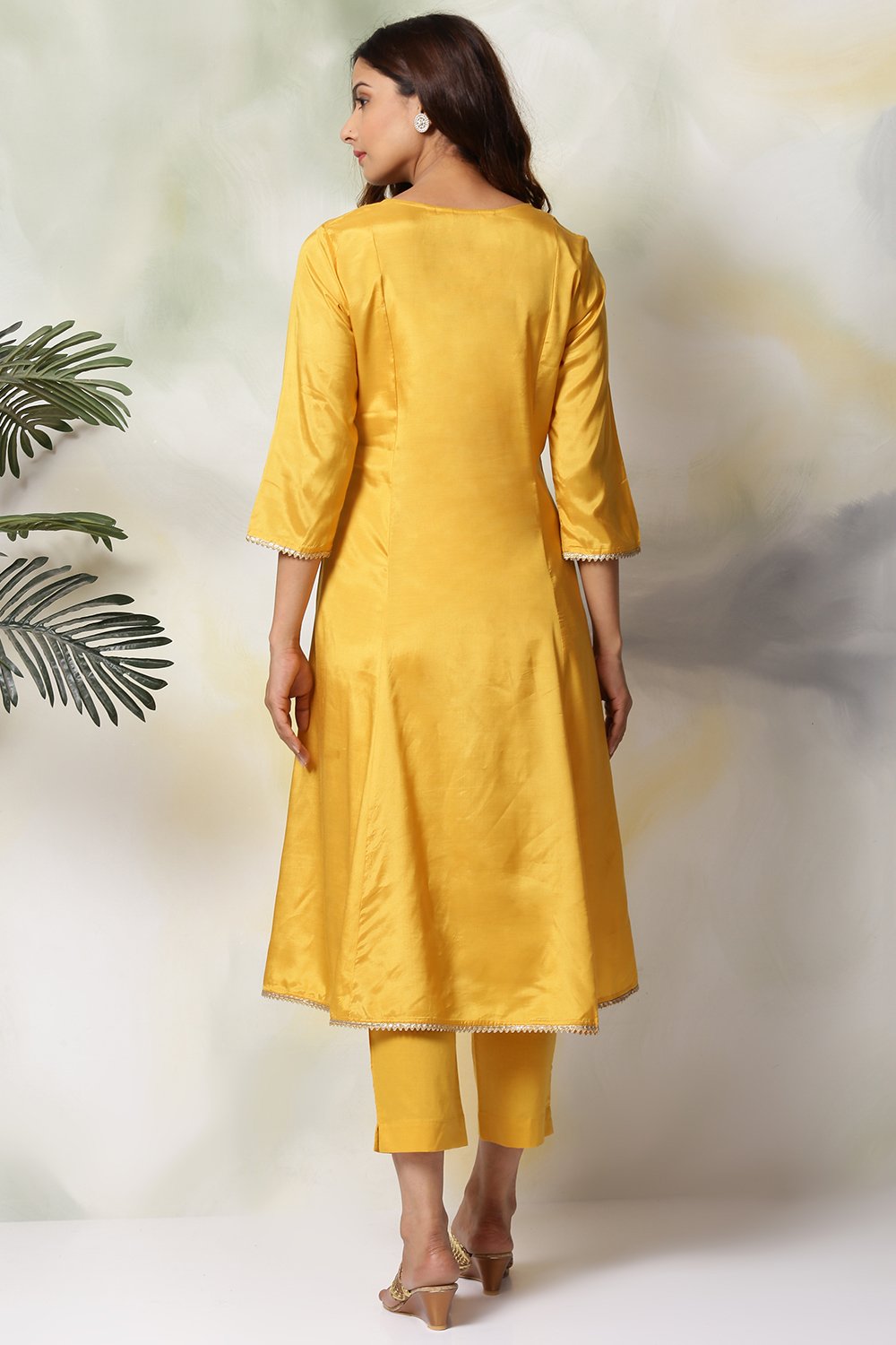 Mustard Viscose Kalidar Kurta Slim Pant Suit Set image number 6
