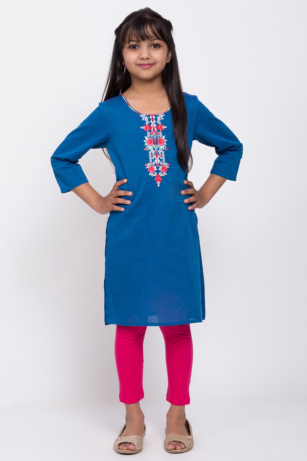 Blue Cotton Straight Kurta Legging Suit Set image number 3