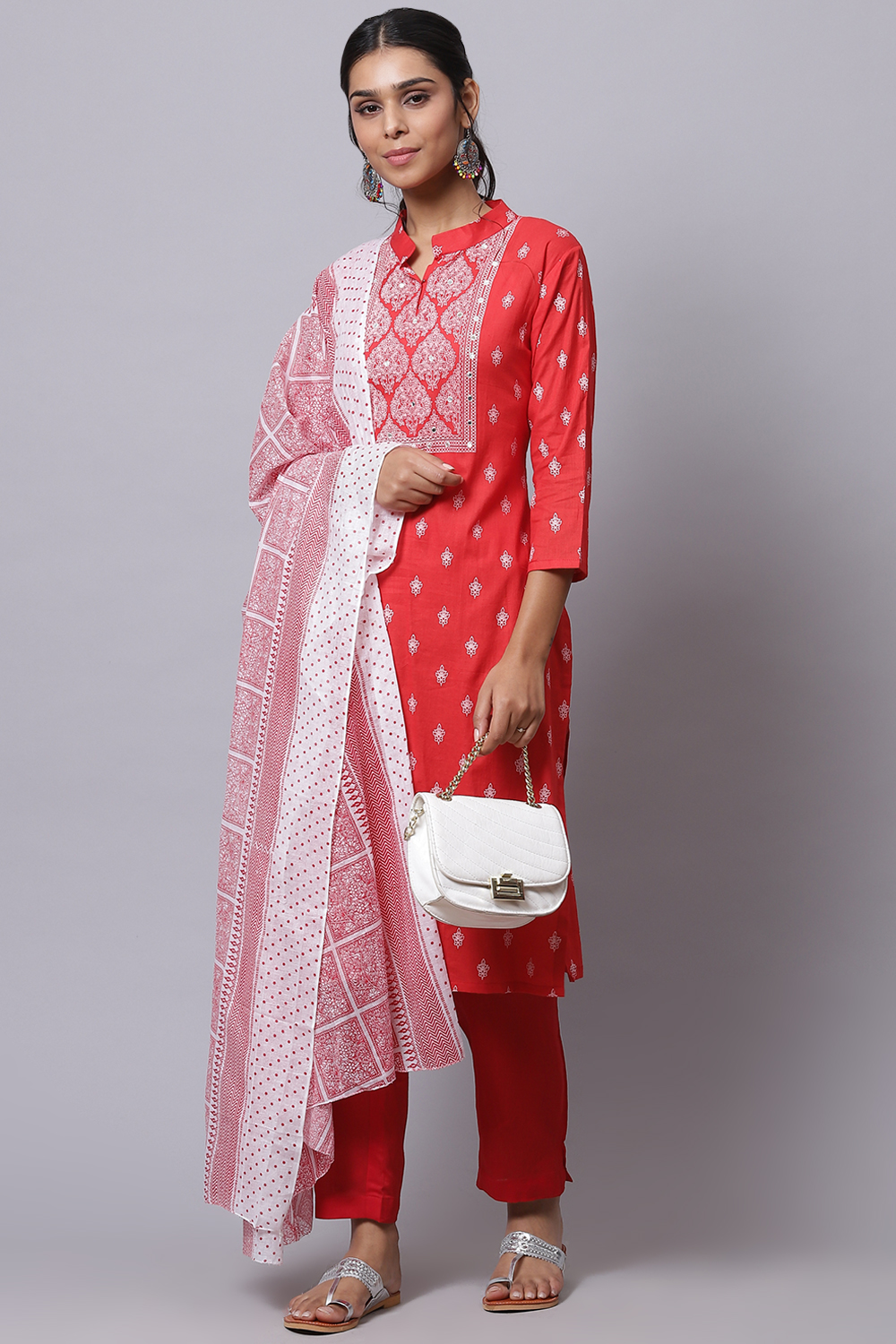 Red Cotton Unstitched Dress Material Suit Set image number 5