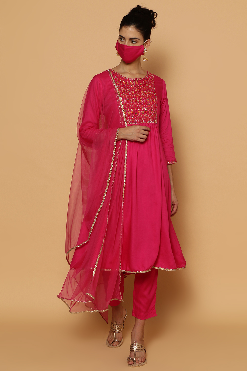 Pink Rayon Kalidar Kurta Slim Pant Suit Set image number 0