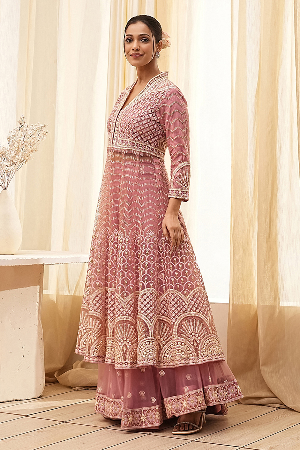 Pink Net Embroidered Anarkali Lehenga Set image number 3
