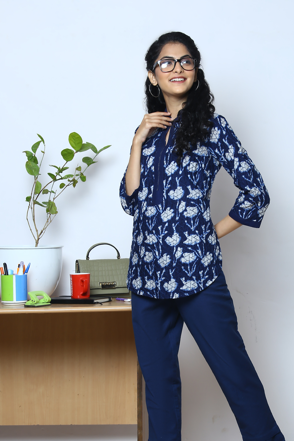 Indigo Cotton Shirt Printed Kurti image number 0