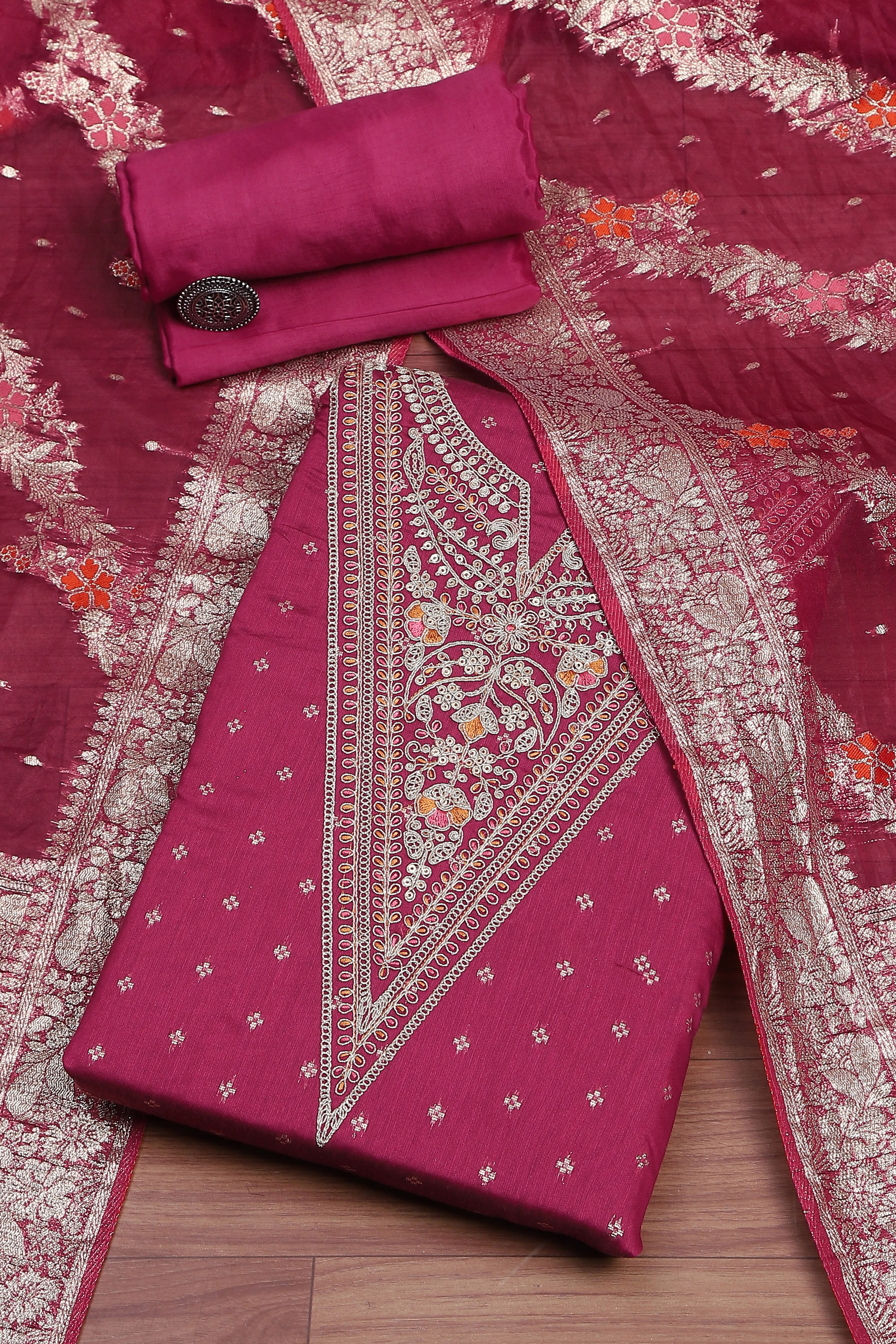 Botle Green Tissue Chanderi Embroidered Unstitched Suit Set image number 0