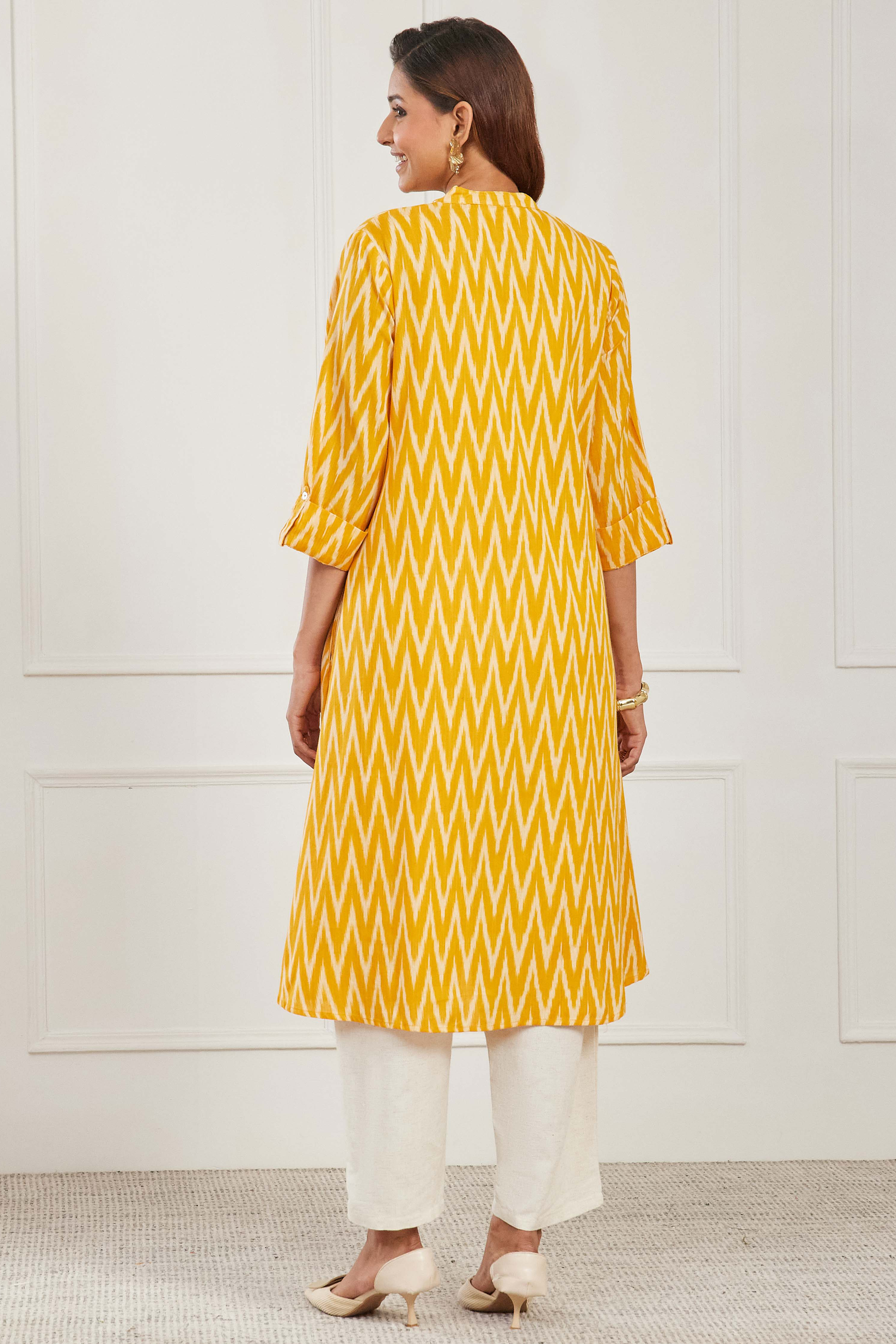 Yellow Cotton A Line Kurta image number 3