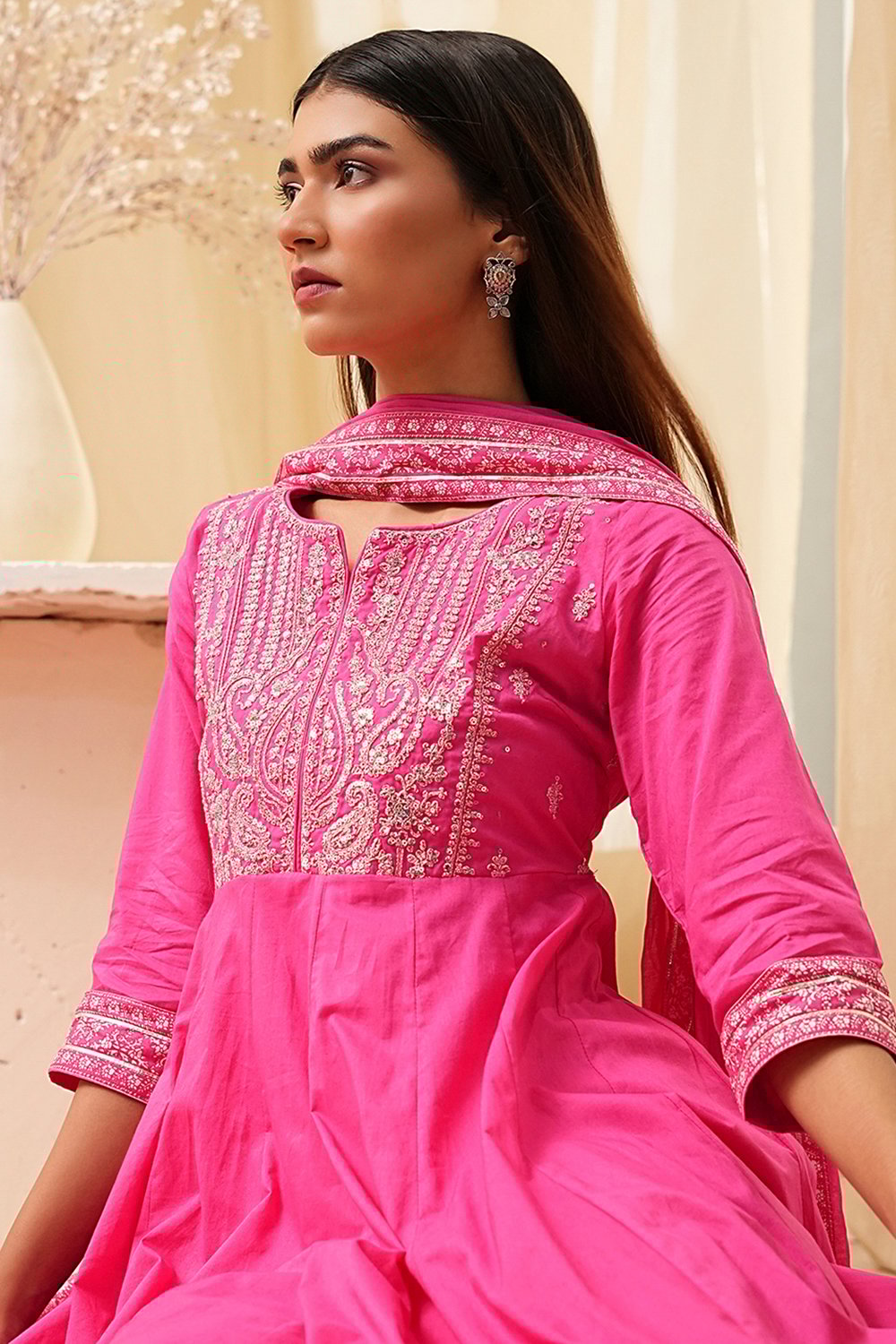 Blue Cotton Embroidered Anarkali Suit Set image number 7