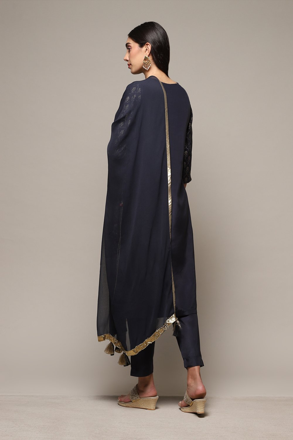 Dark Navy Art Silk Straight Kurta Slim Pants Suit Set image number 4