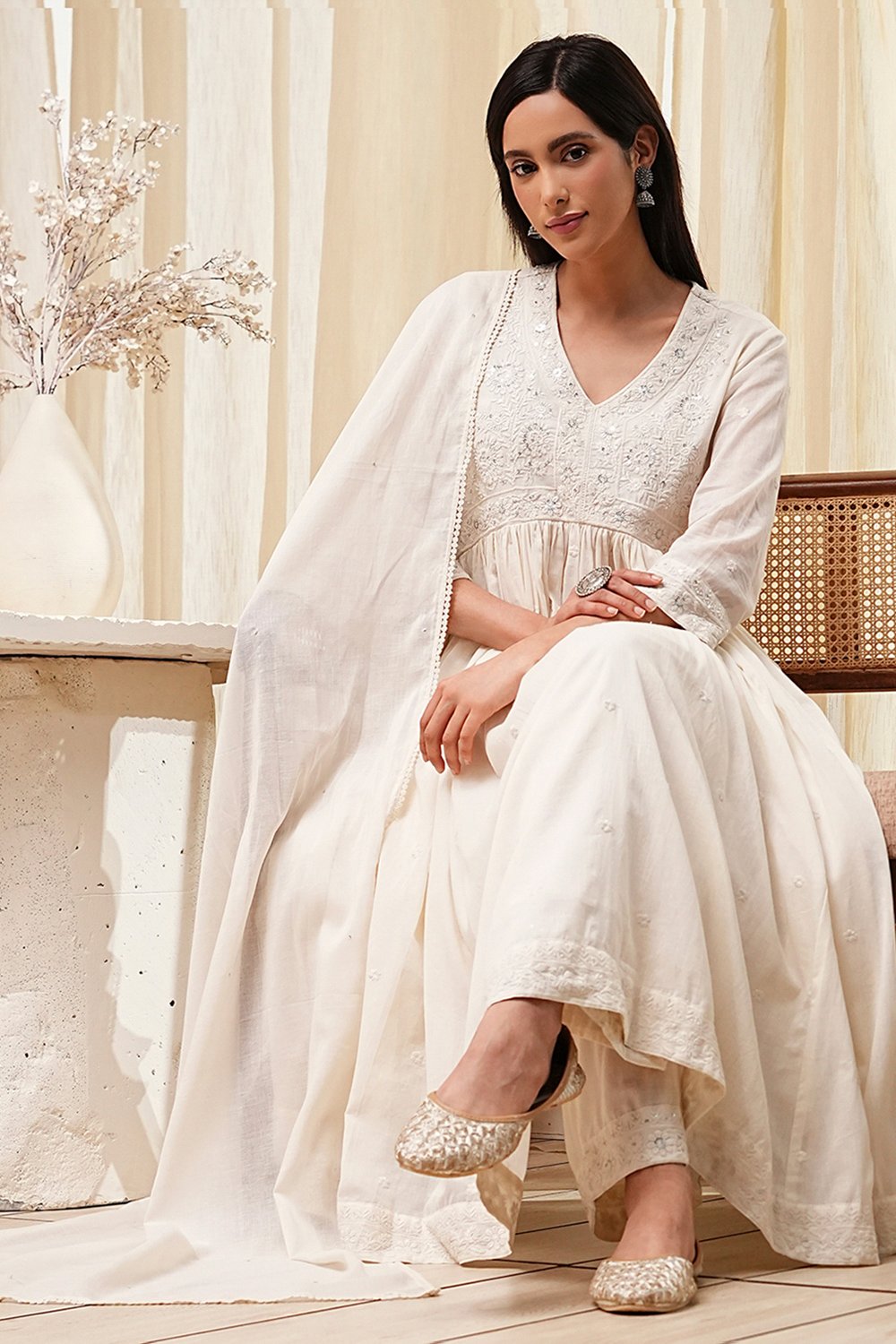 Off-White Cotton Embroidered Gathered Suit Set image number 0