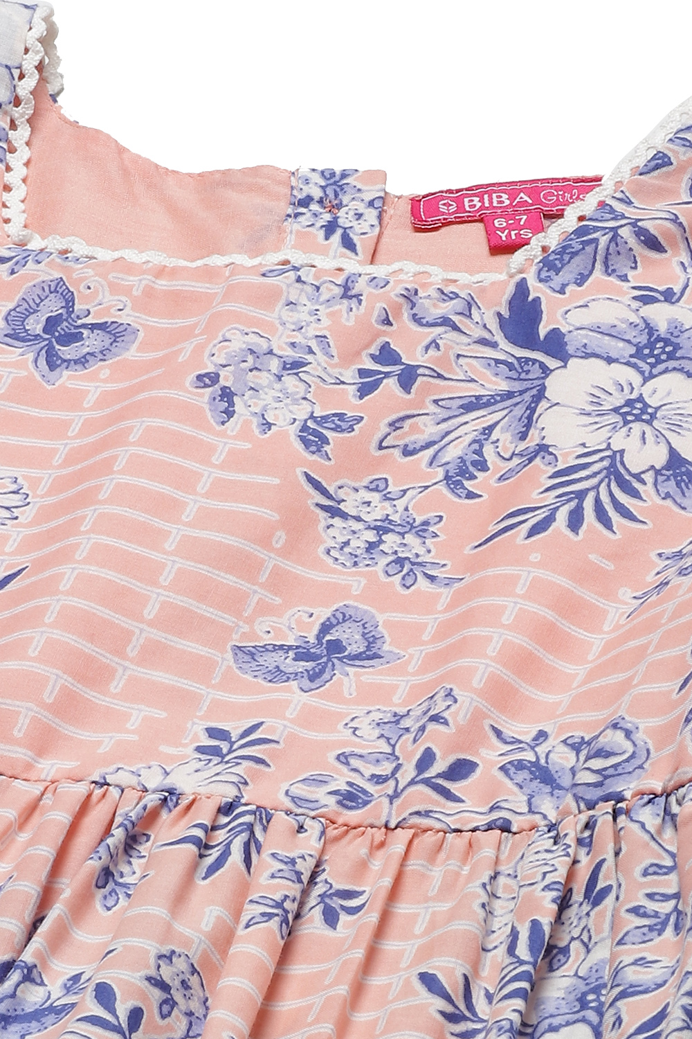 Peach Cotton Flared Printed Dress image number 1