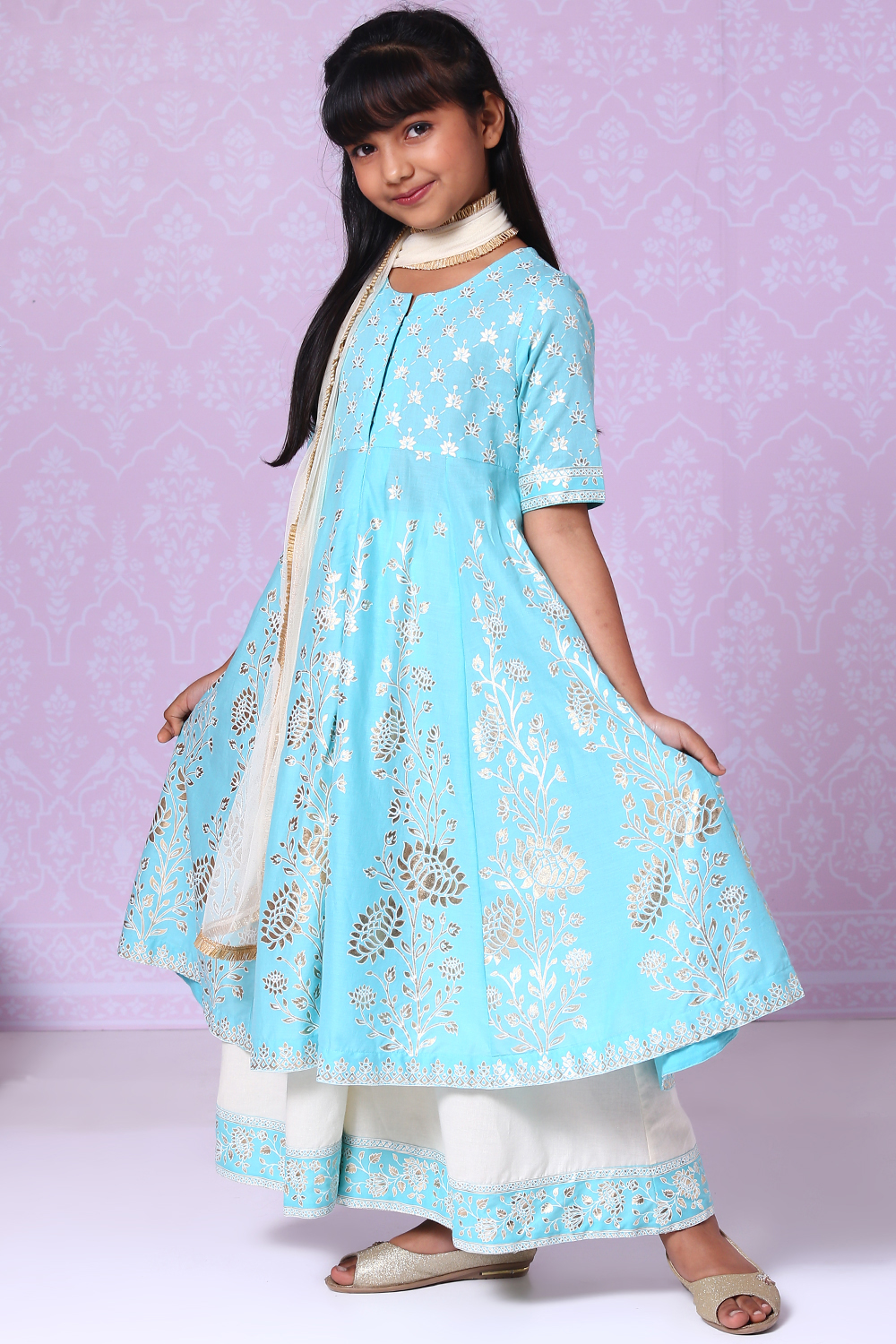 Light Blue Cotton Kalidar Kurta Flared Palazzo Suit Set image number 5