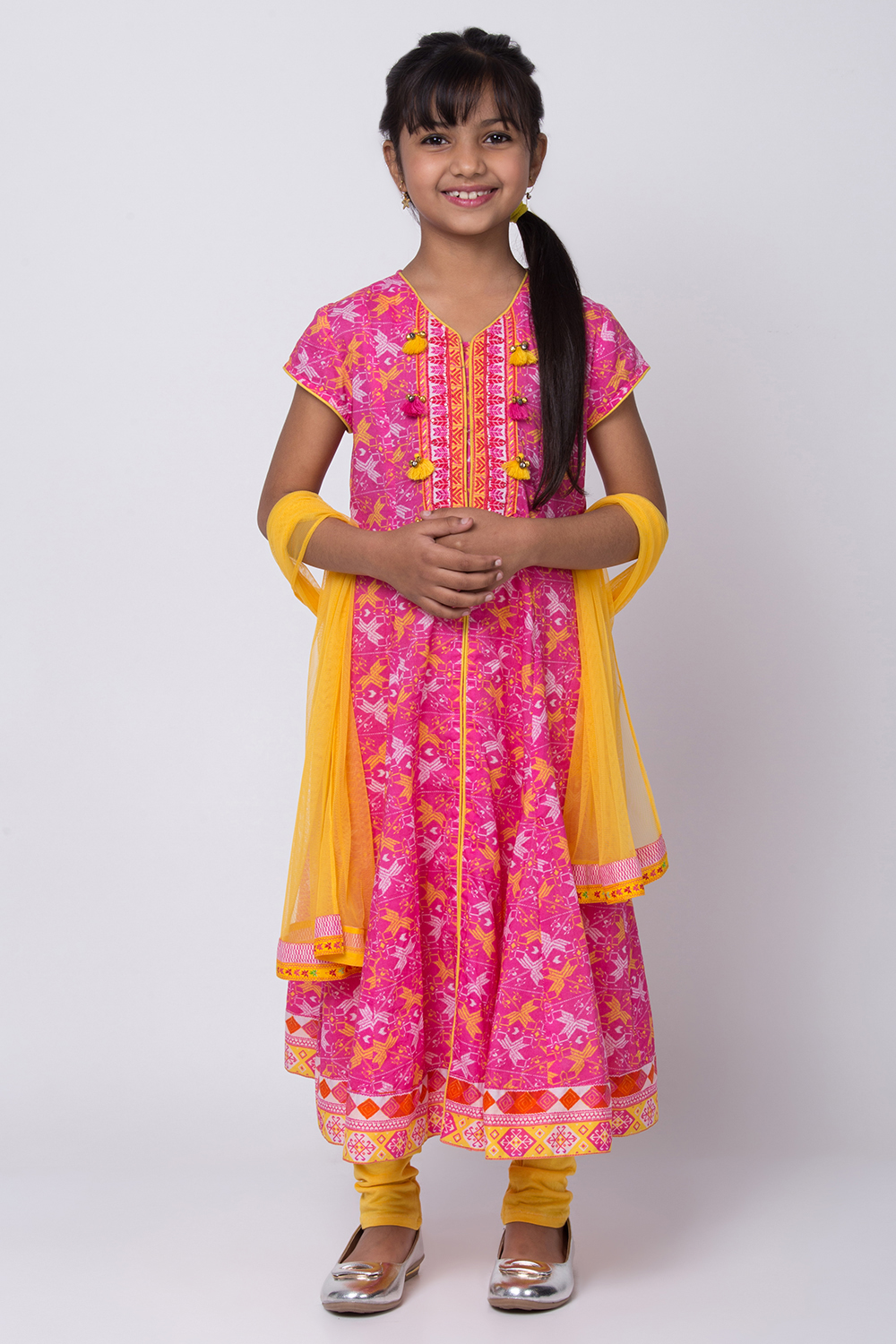 Yellow Cotton Flared Kurta Churidar Suit Set image number 1