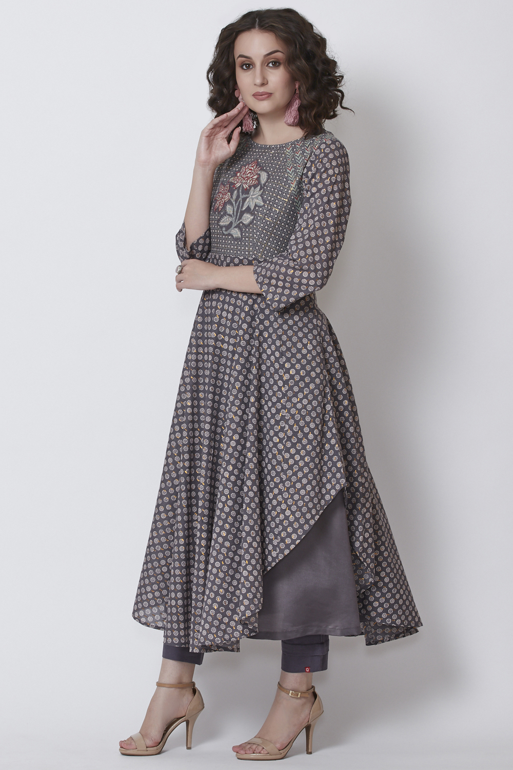 Dark Grey Metallic Cotton Anarkali Printed Kurta image number 3