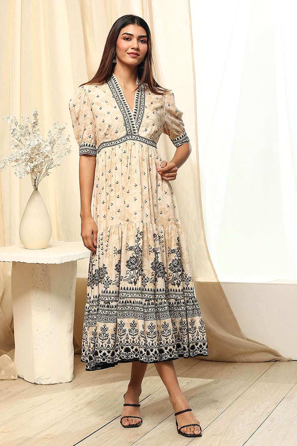 Off-White and Black Cotton Printed Tiered Dress image number 5