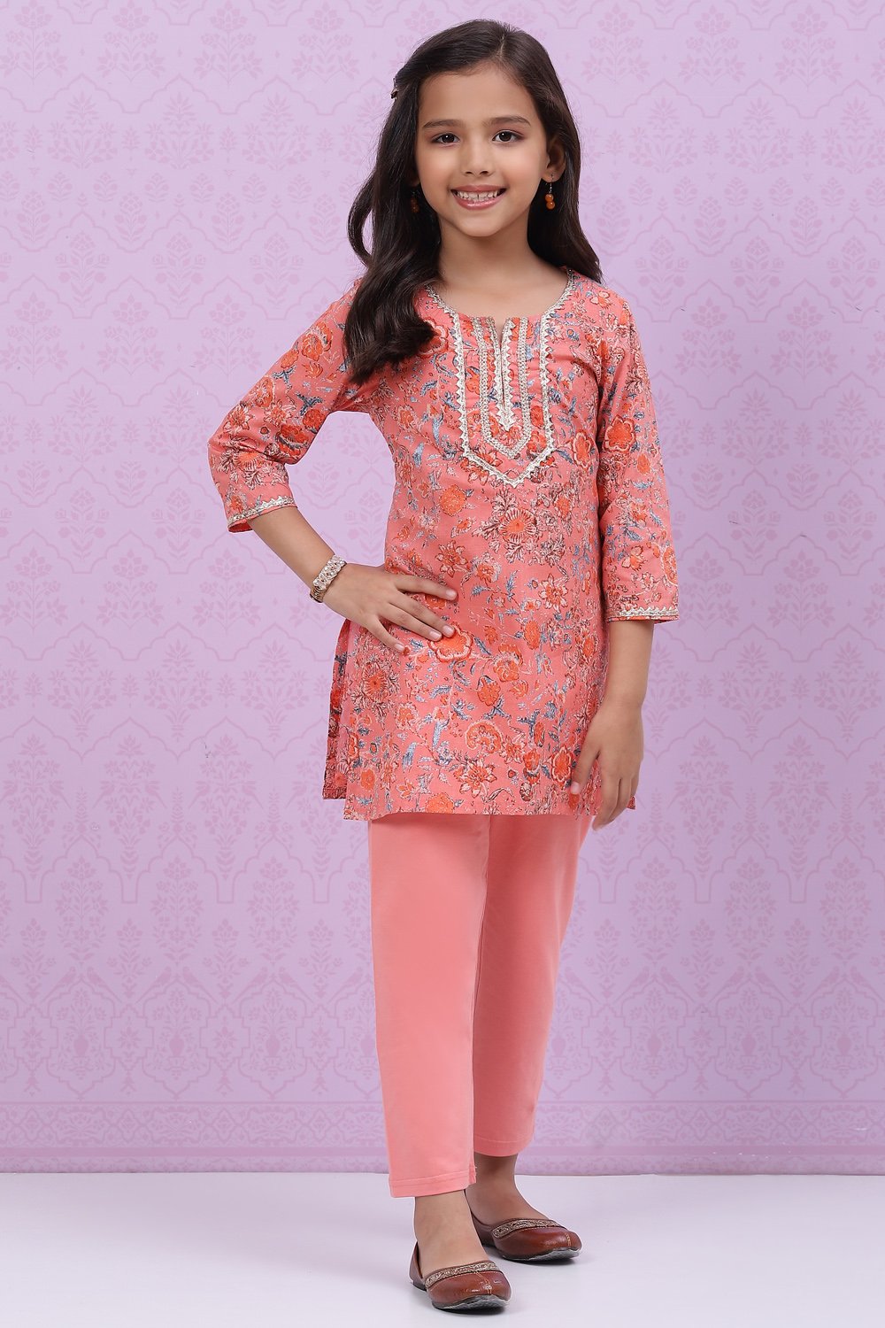 Salmon Orange Cotton Straight Printed Kurta Set image number 0