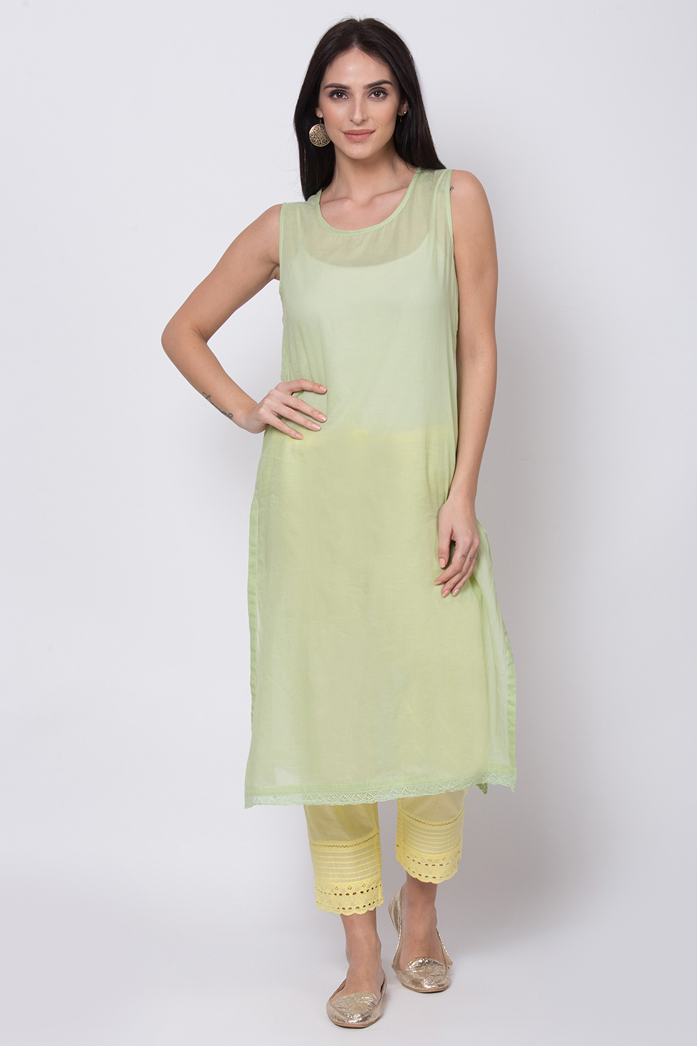 Sap Green Cotton Straight Kurta image number 2