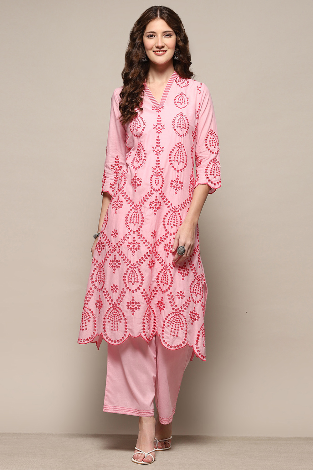 Yellow Cotton Schiffli Kurta & Palazzo Suit Set image number 7