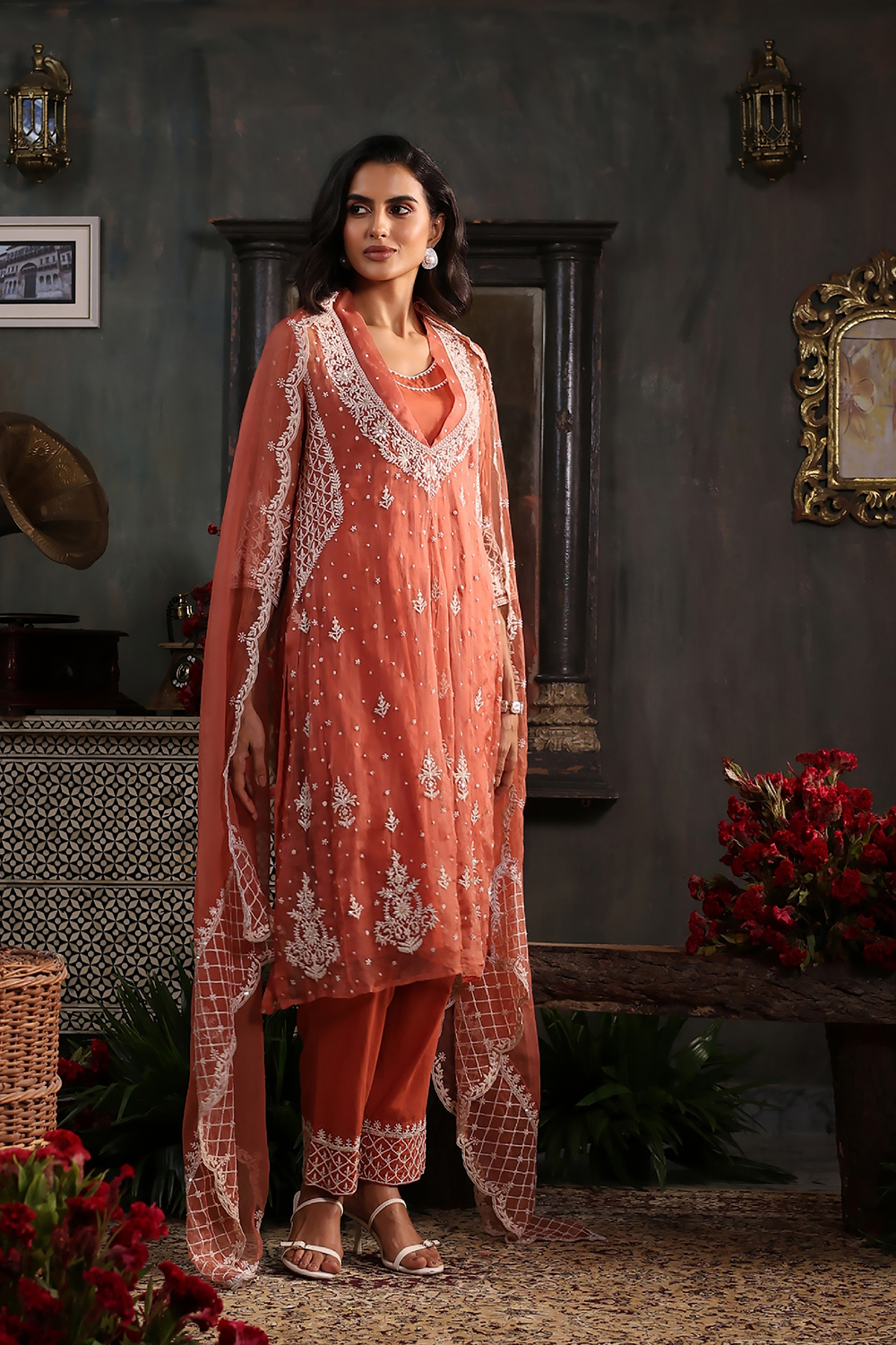 Burnt Orange Viscose Kalidar Dyed Suit Set image number 7