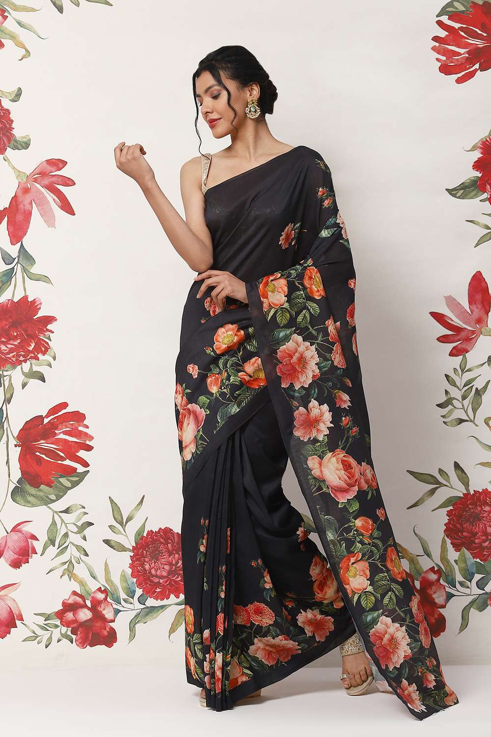 Rohit Bal Black Cotton Blend Saree Biba India