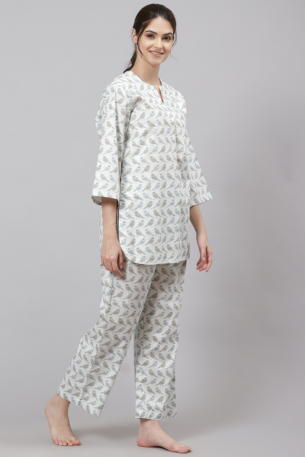 Mint Straight Cotton Three Piece Printed Sleepwear Set image number 4