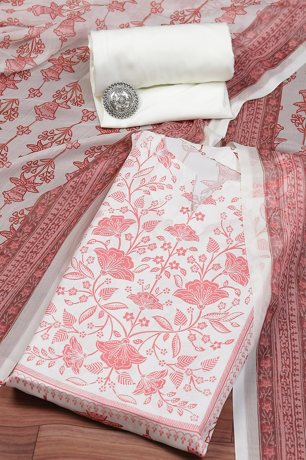 Peach Silk Blend Digital Print Unstitched Suit Set image number 0