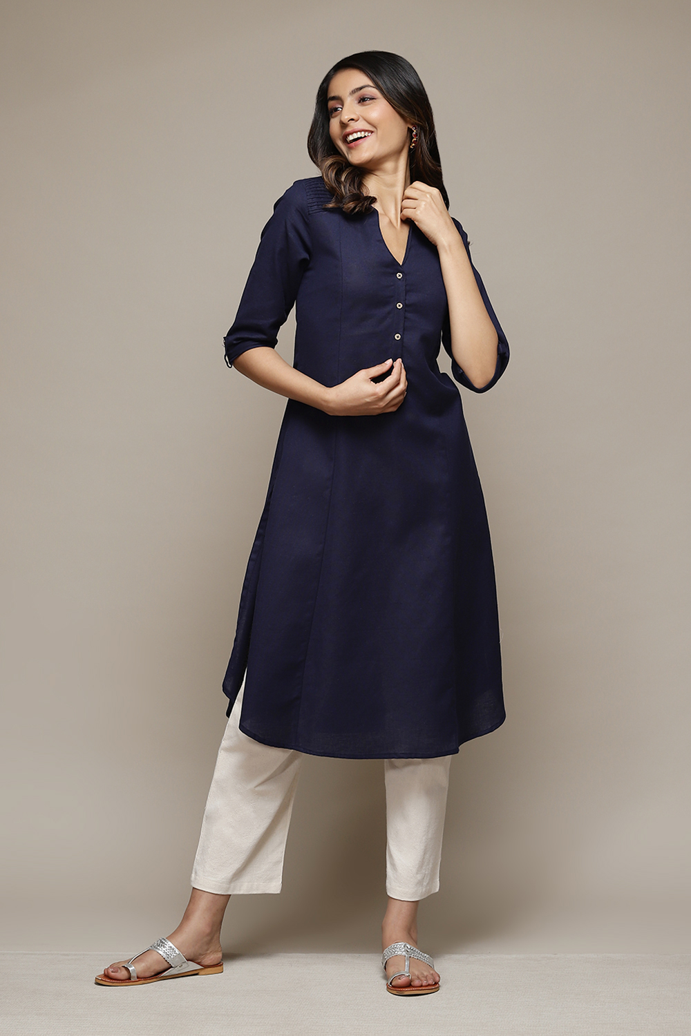 Navy Blue A-Line Solid Kurta image number 0