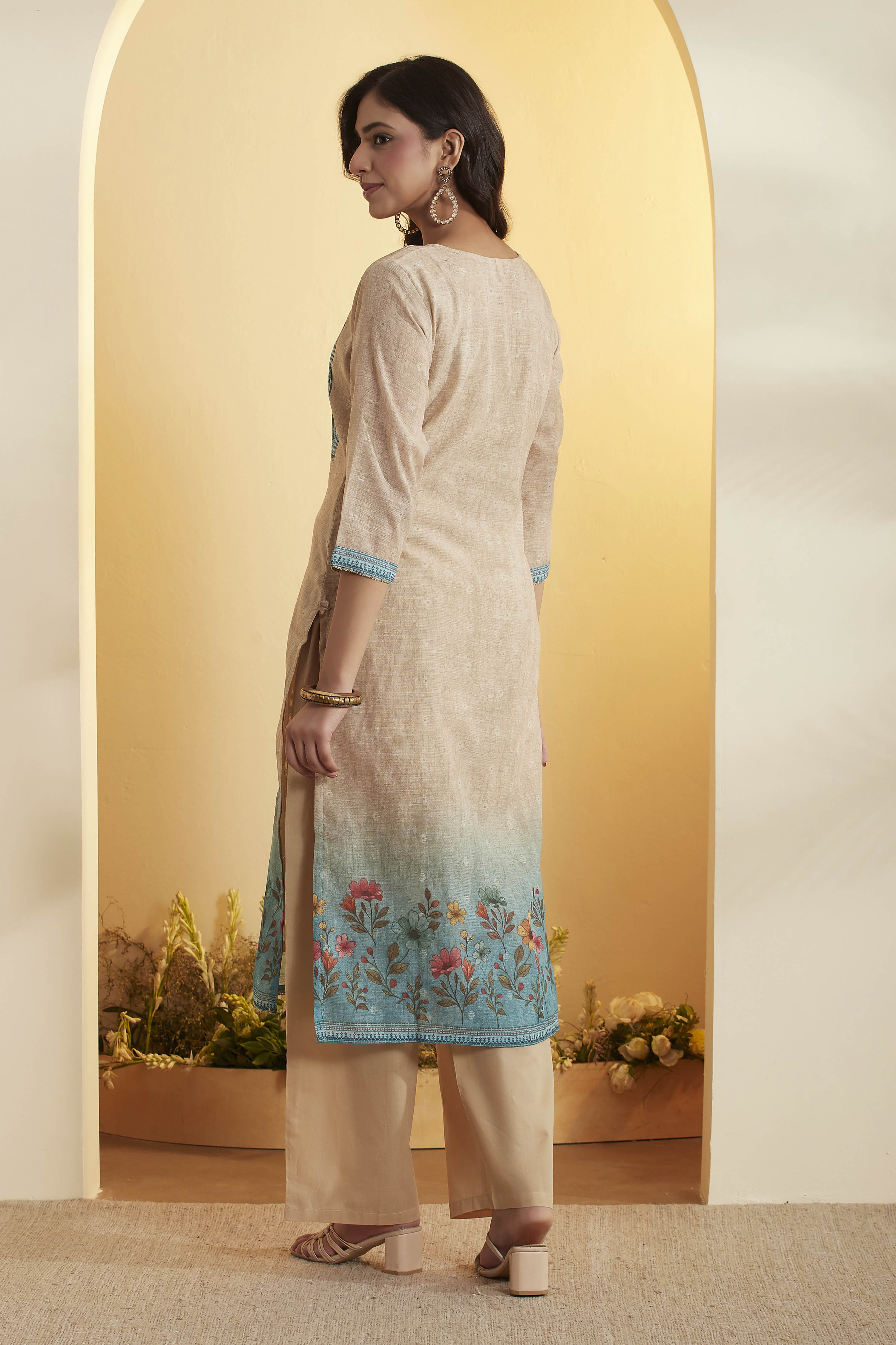 Blue Poly Linen Straight Suit Set image number 5