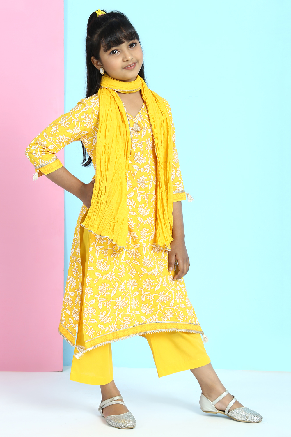 Yellow Cotton A-Line Straight Kurta Palazzo Suit Set image number 0