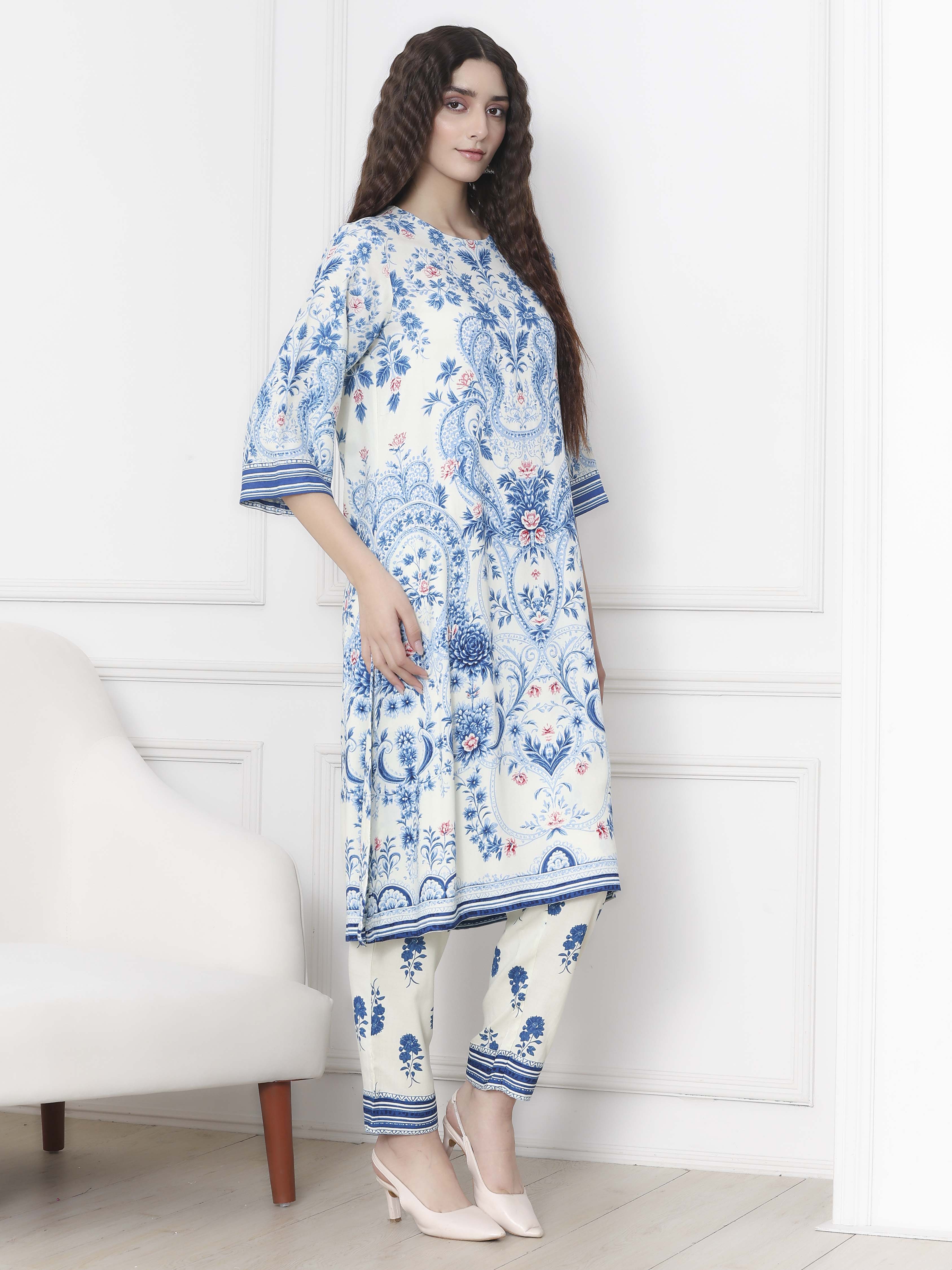 Pink and White Printed Straight Suit Set image number 5