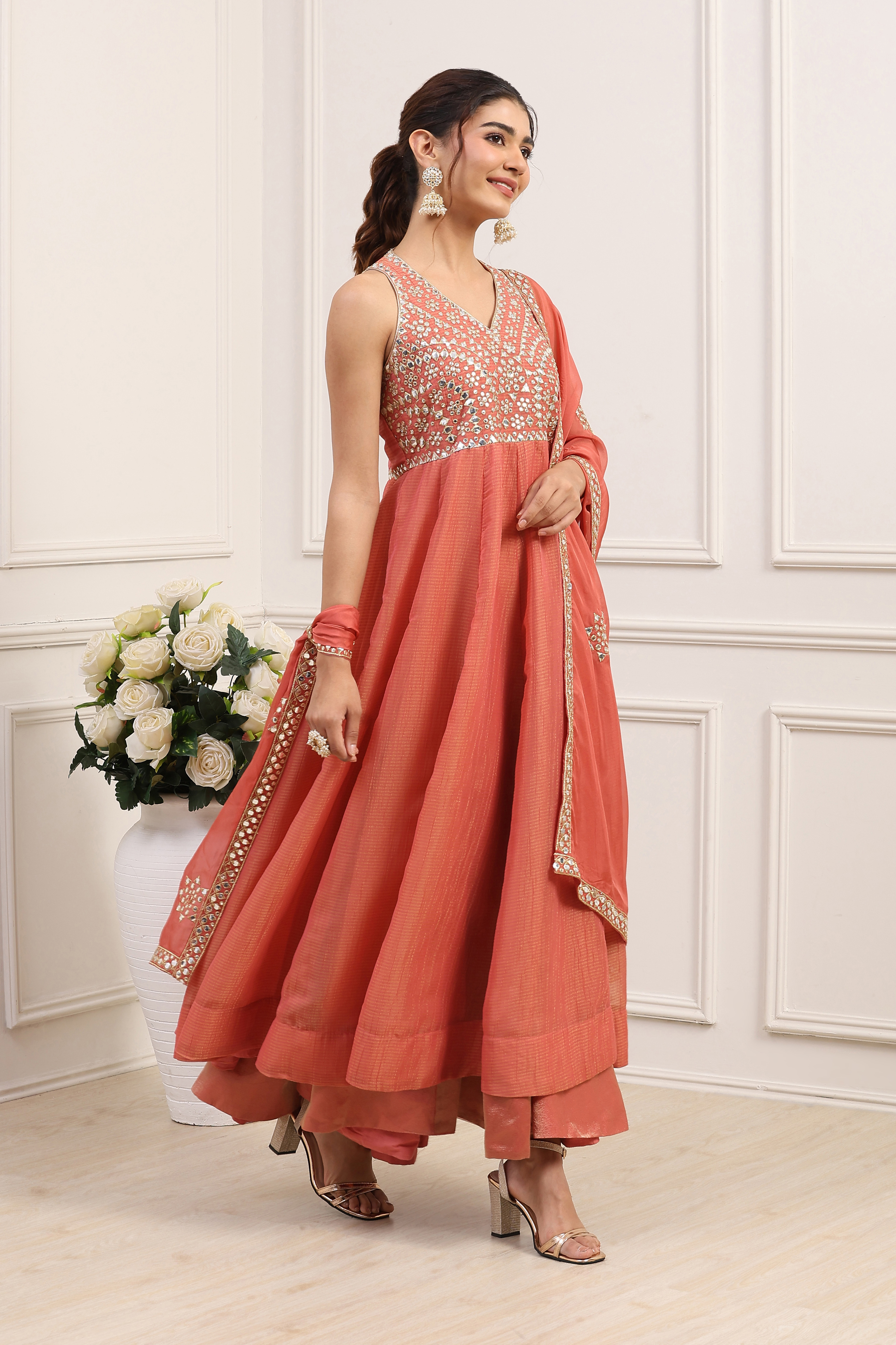 Pink Poly Tissue Anarkali Dress image number 4