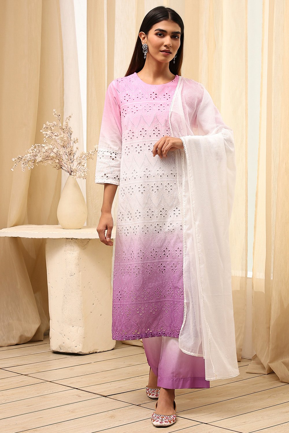 Pink Cotton Schiffli Straight Suit Set image number 6