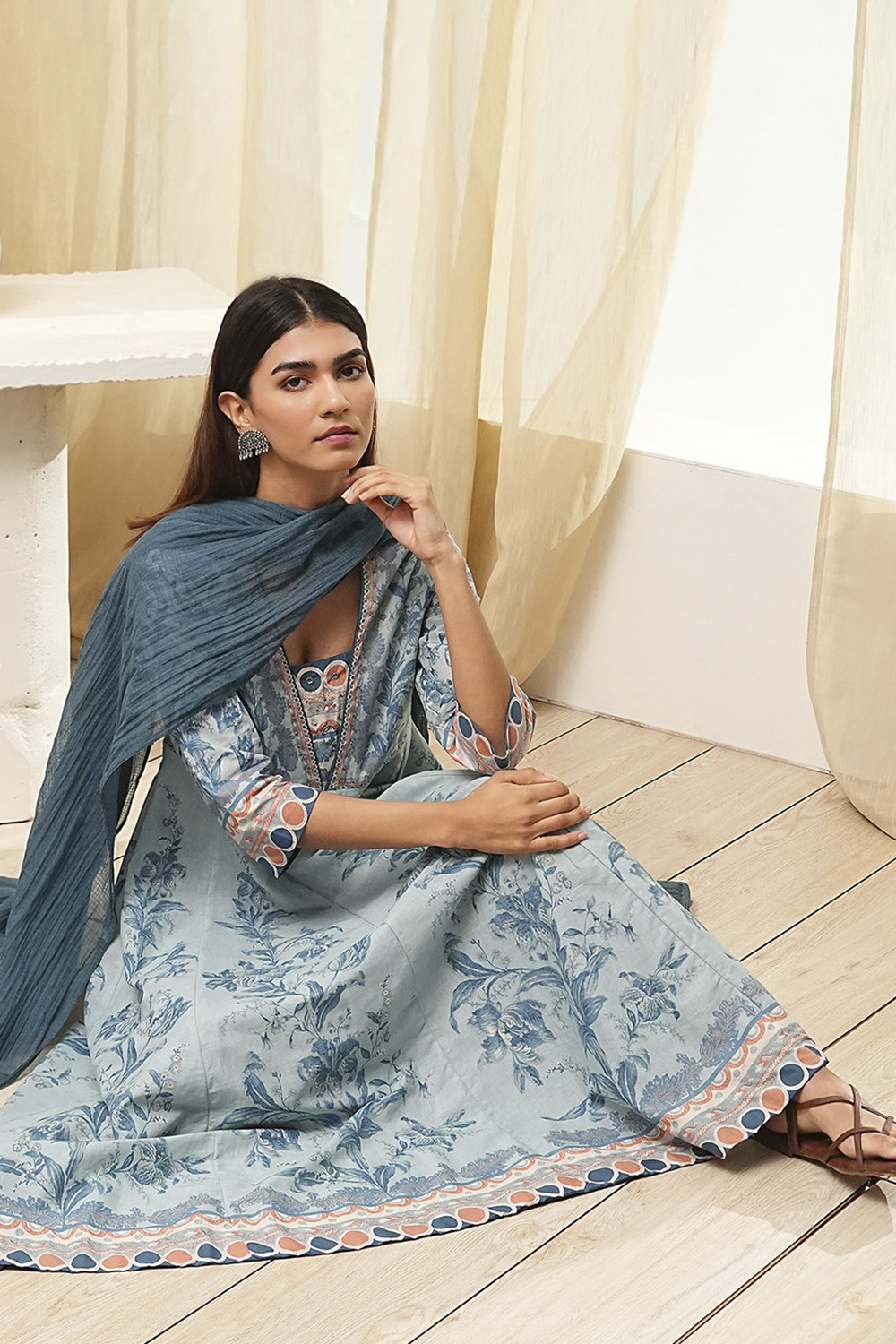 Dull Blue Cotton Floral Anarkali Suit Set image number 0