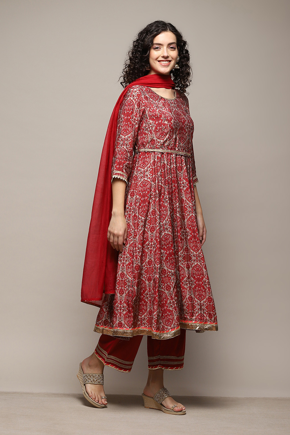 Red Poly Viscose Anarkali Kurta Palazzo Suit Set image number 6