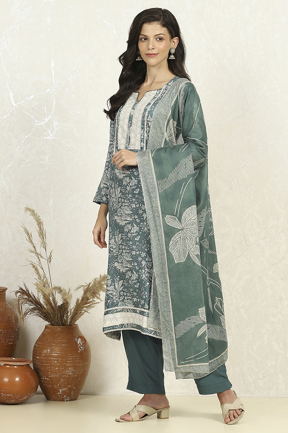 Purple Cotton Unstitched Suit Set image number 4