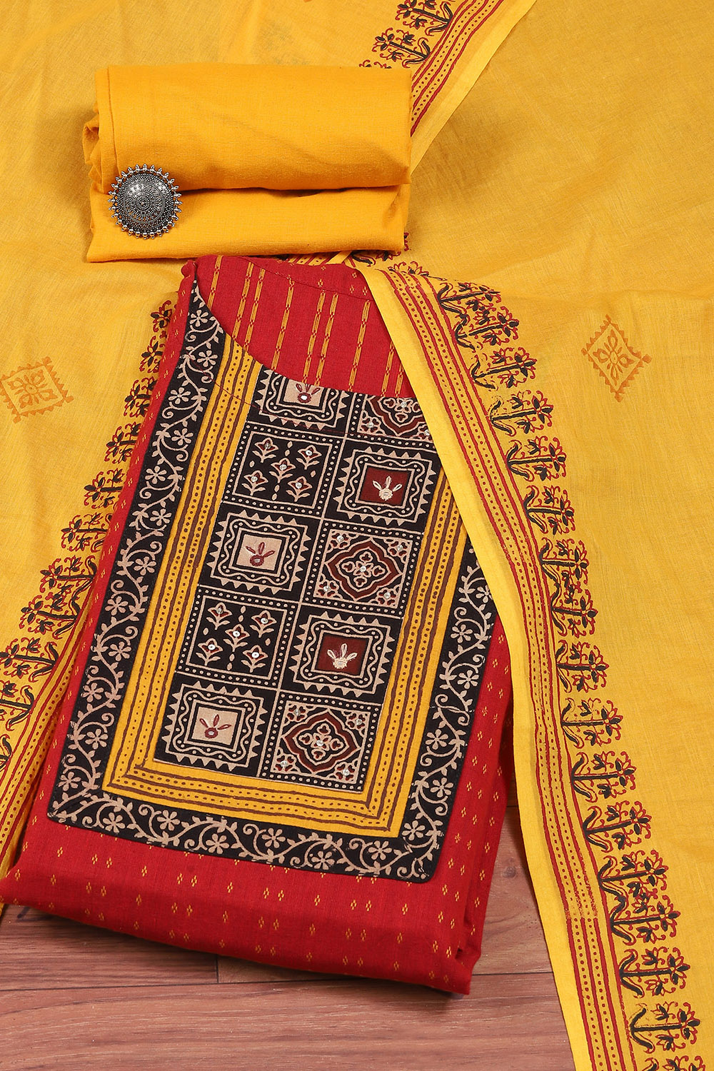 Red Cotton Hand Block Printed Suit Unstitched Dress Material main image 1