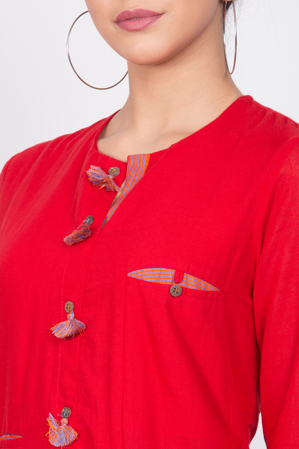 Red Cotton A-Line Yarndyed Kurta image number 1