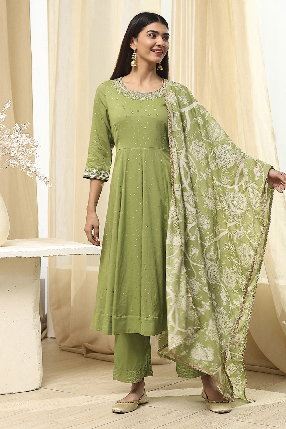 Blue Cotton Foil Printed Anarkali Suit Set image number 6