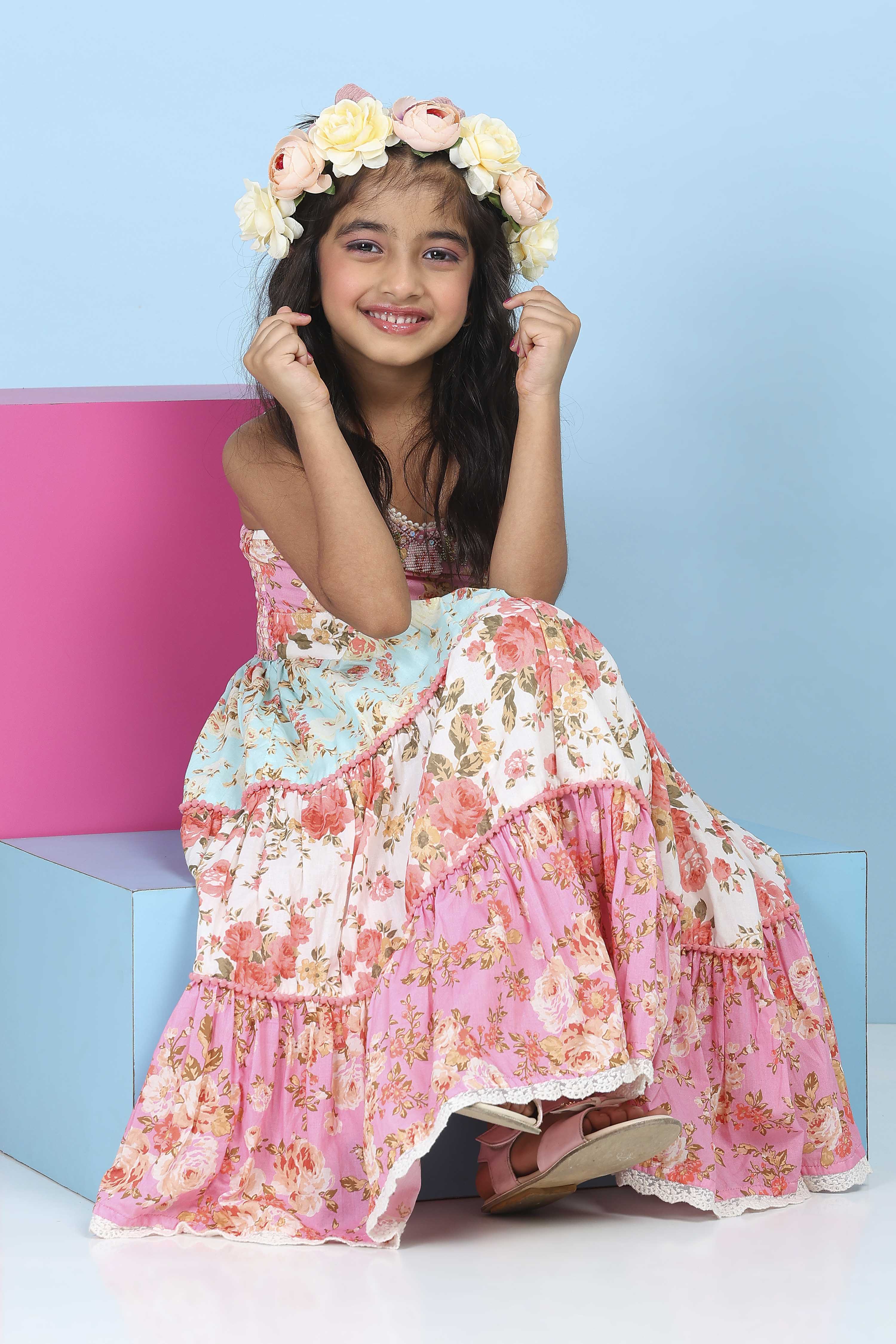 Pink Cotton Printed Flared Dress image number 5