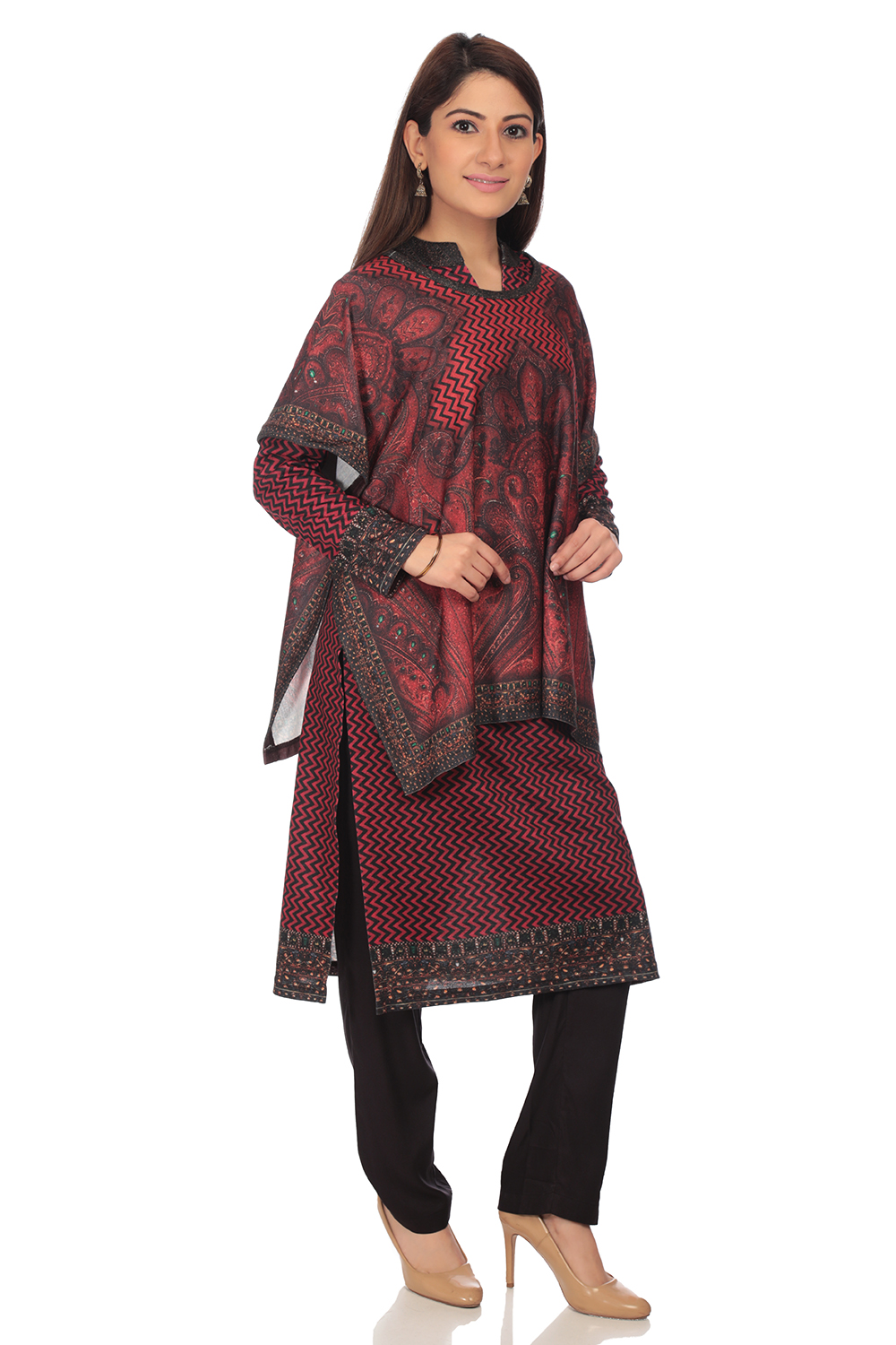 Red Poly Cotton Straight Printed Kurta image number 2