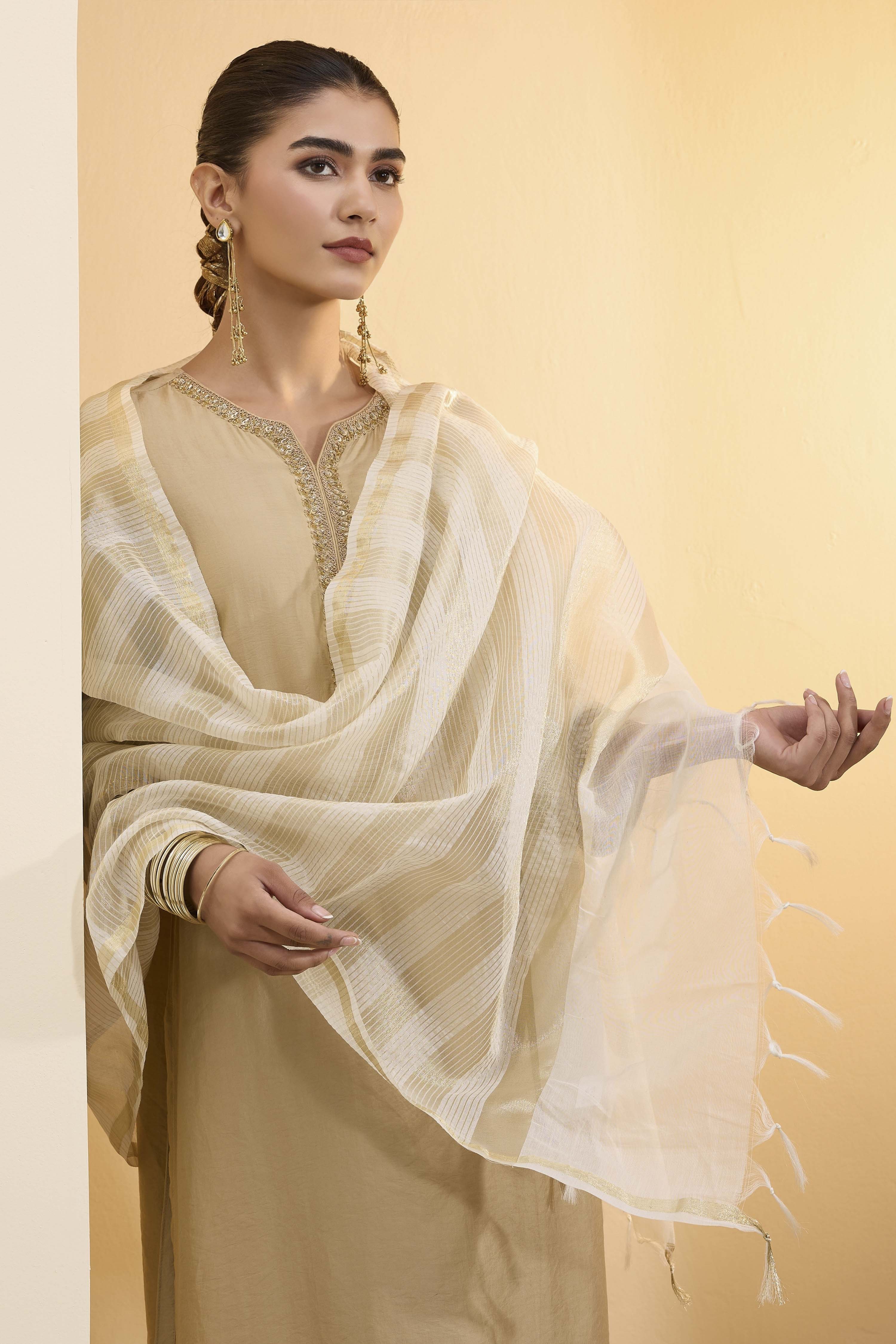 Off-White Poly Zari Dupatta image number 0