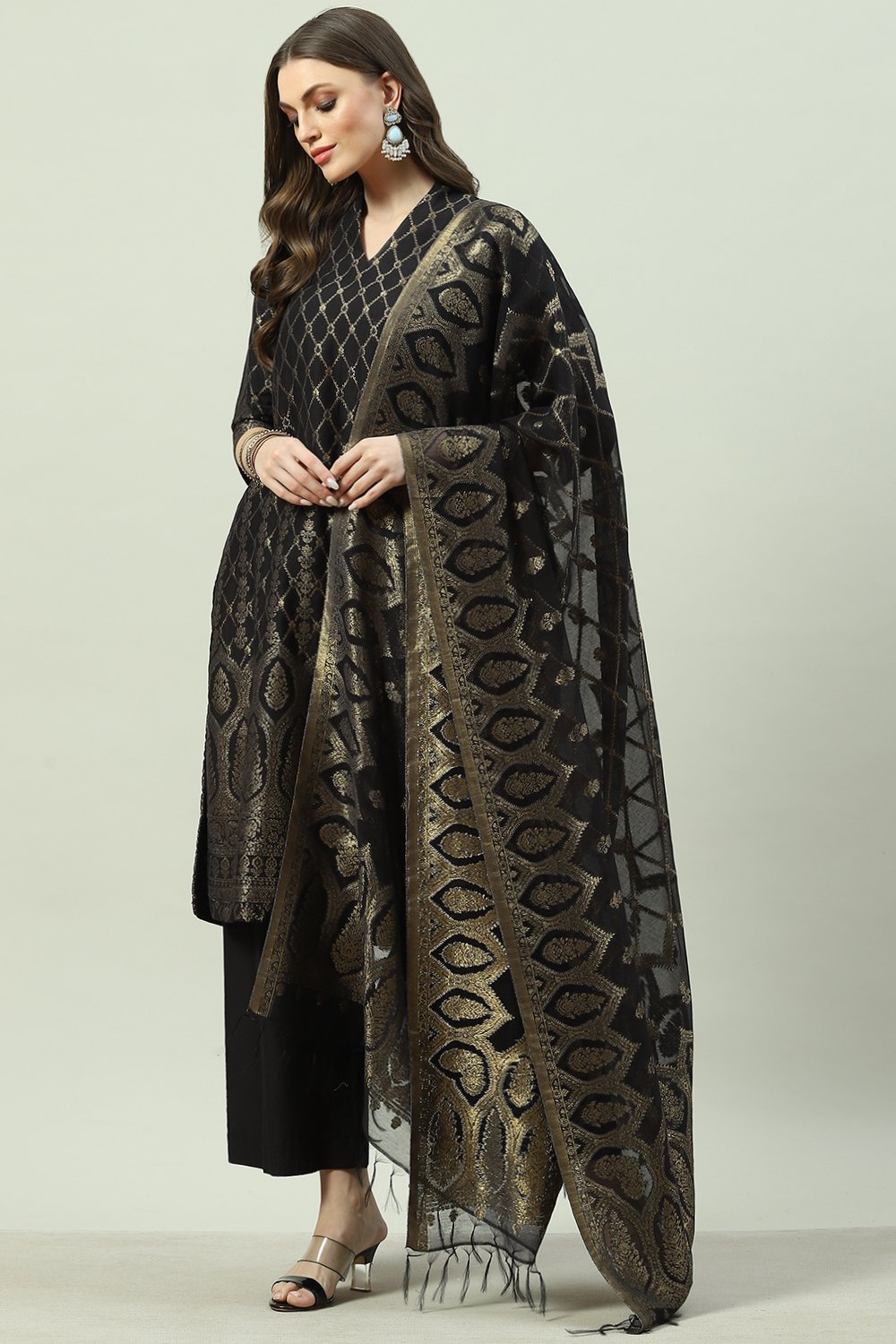 Black Art Silk Straight Kurta Palazzo Suit Set image number 2