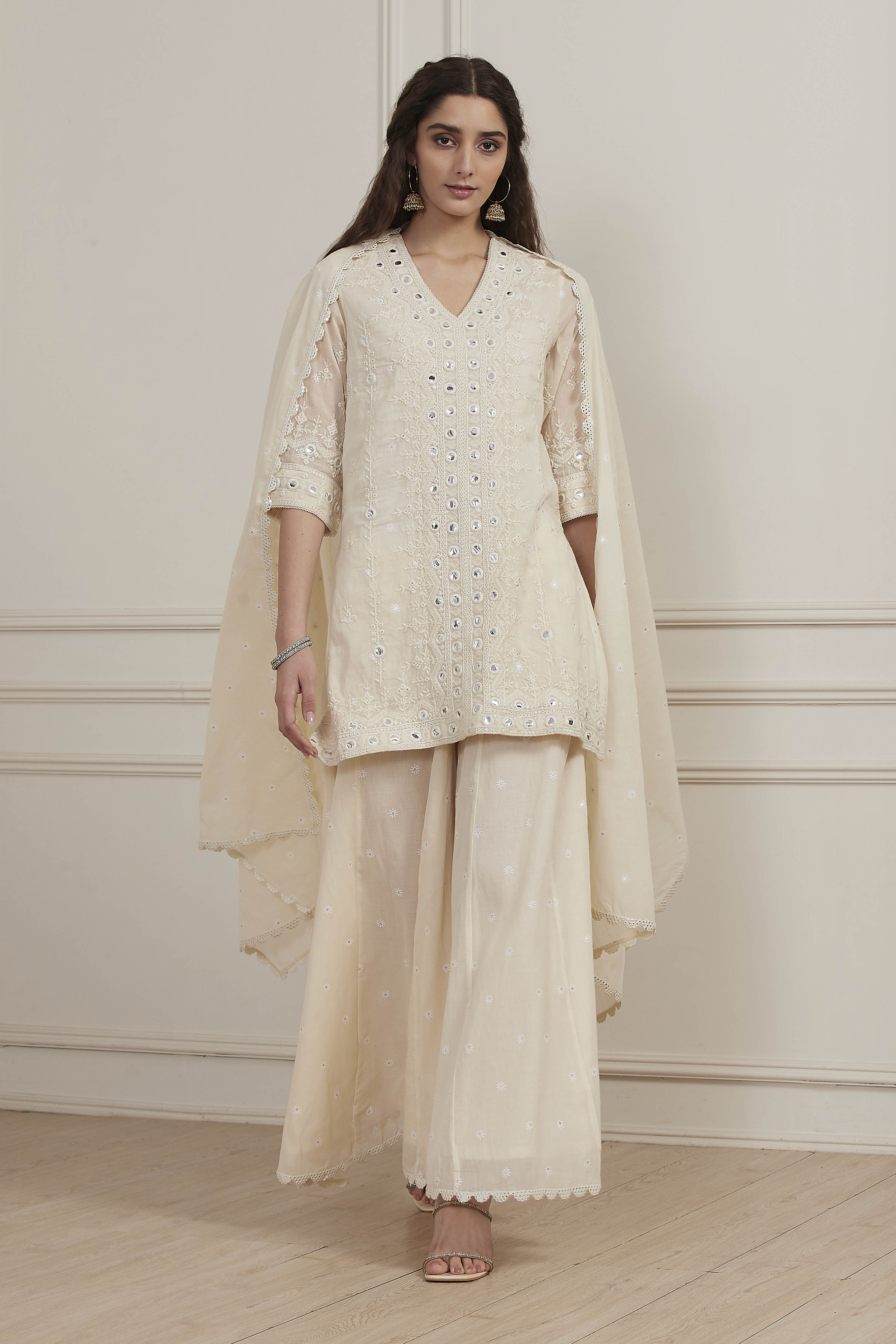 Ecru Cotton Embroidered Straight Sharara Suit Set image number 8